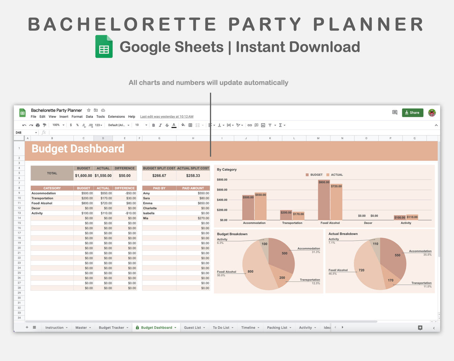 Google Sheets - Bachelorette Party Planner - Neutral