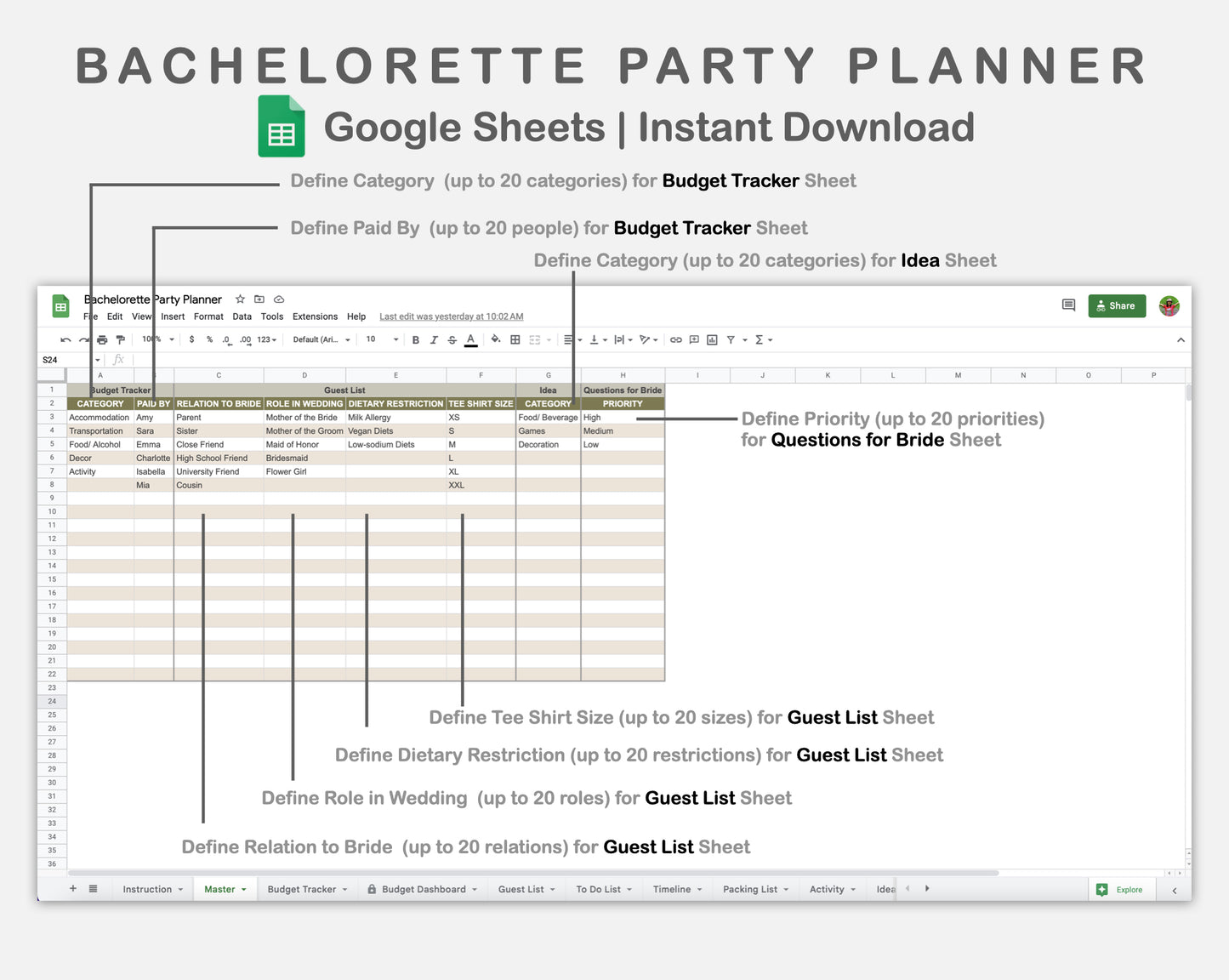 Google Sheets - Bachelorette Party Planner - Boho