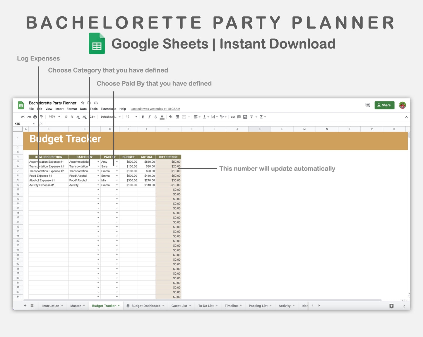 Google Sheets - Bachelorette Party Planner - Boho