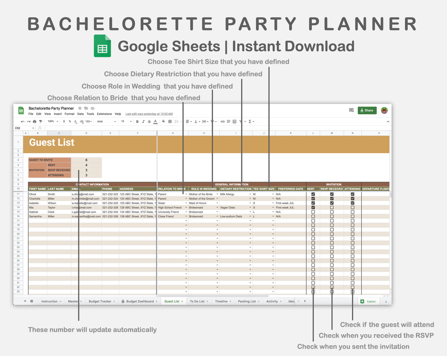 Google Sheets - Bachelorette Party Planner - Boho