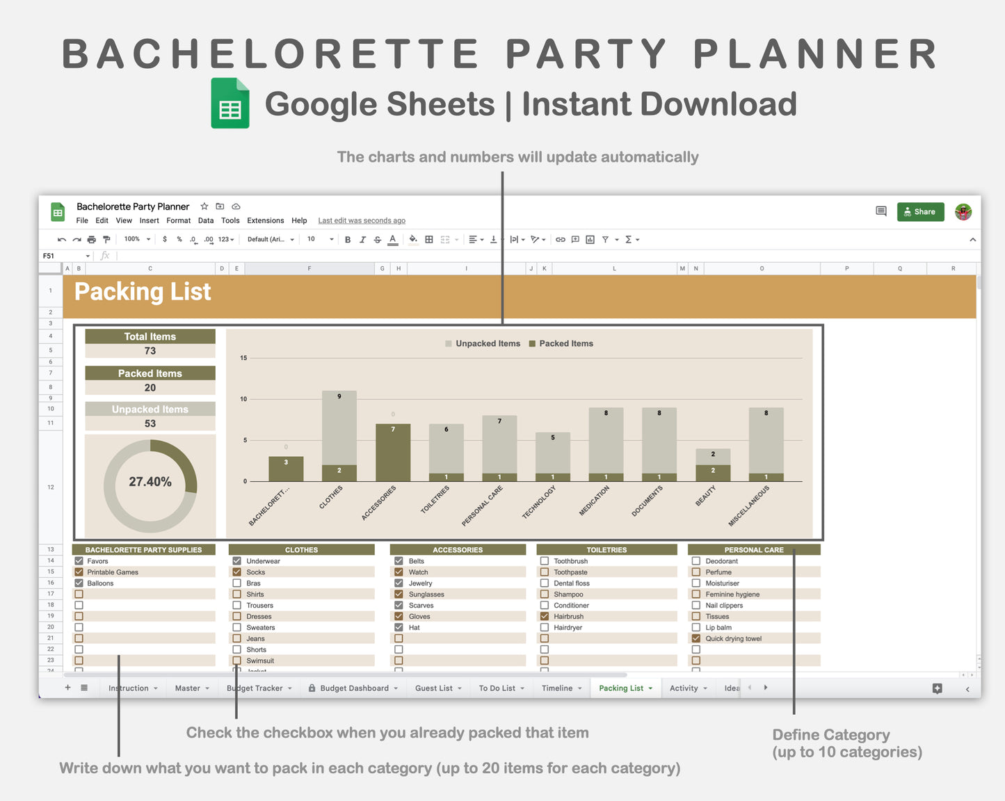 Google Sheets - Bachelorette Party Planner - Boho