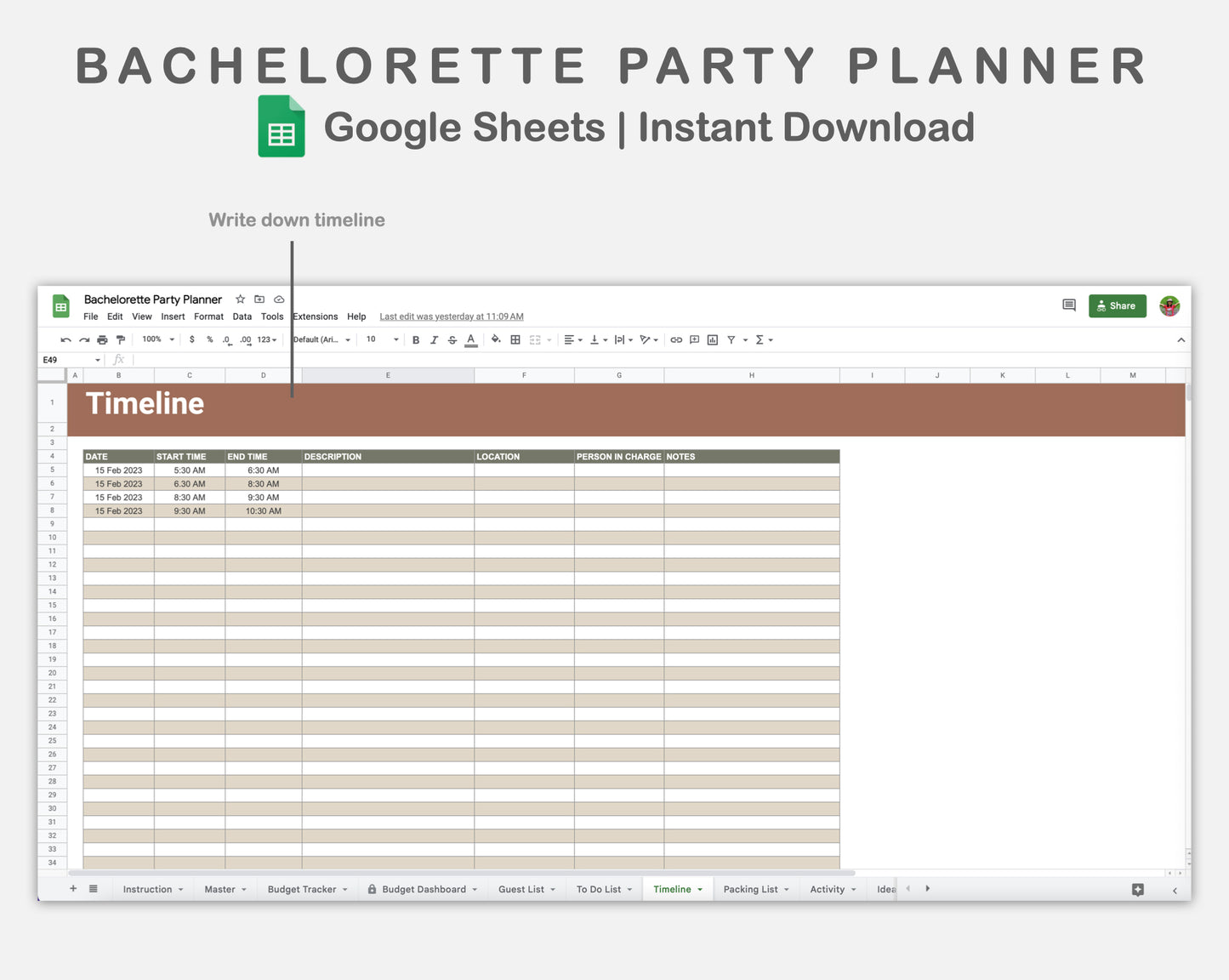 Google Sheets - Bachelorette Party Planner - Earthy