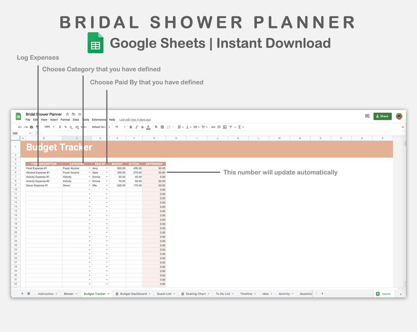 Google Sheets - Bridal Shower Planner - Neutral