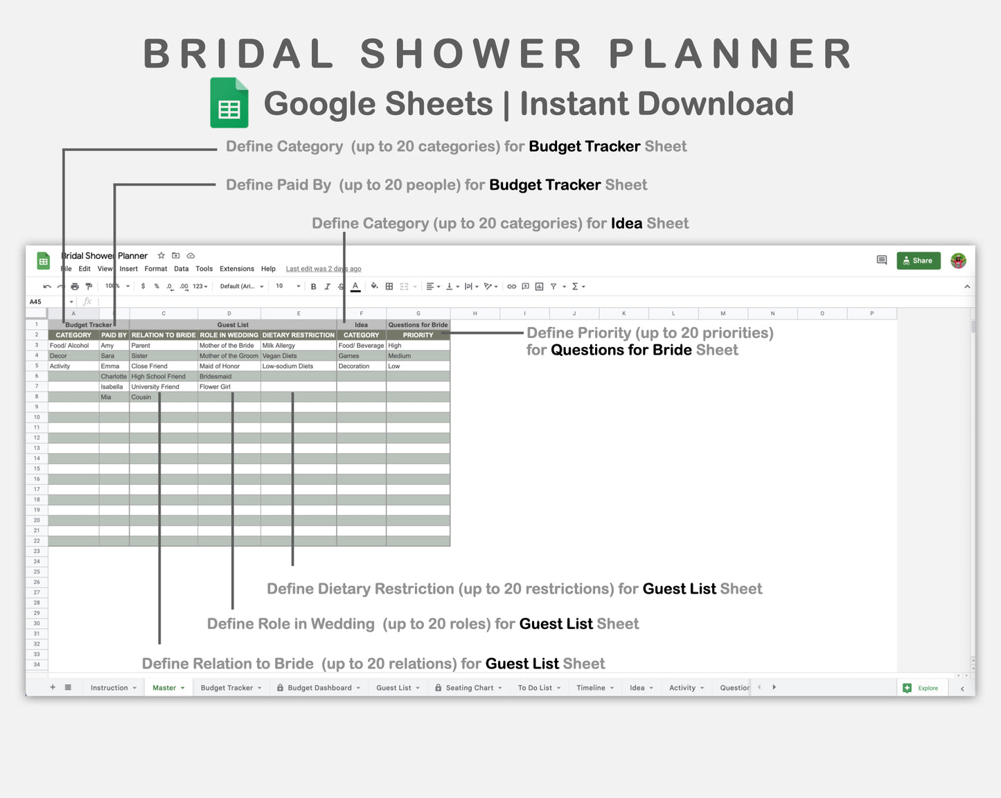 Google Sheets - Bridal Shower Planner - Earthy