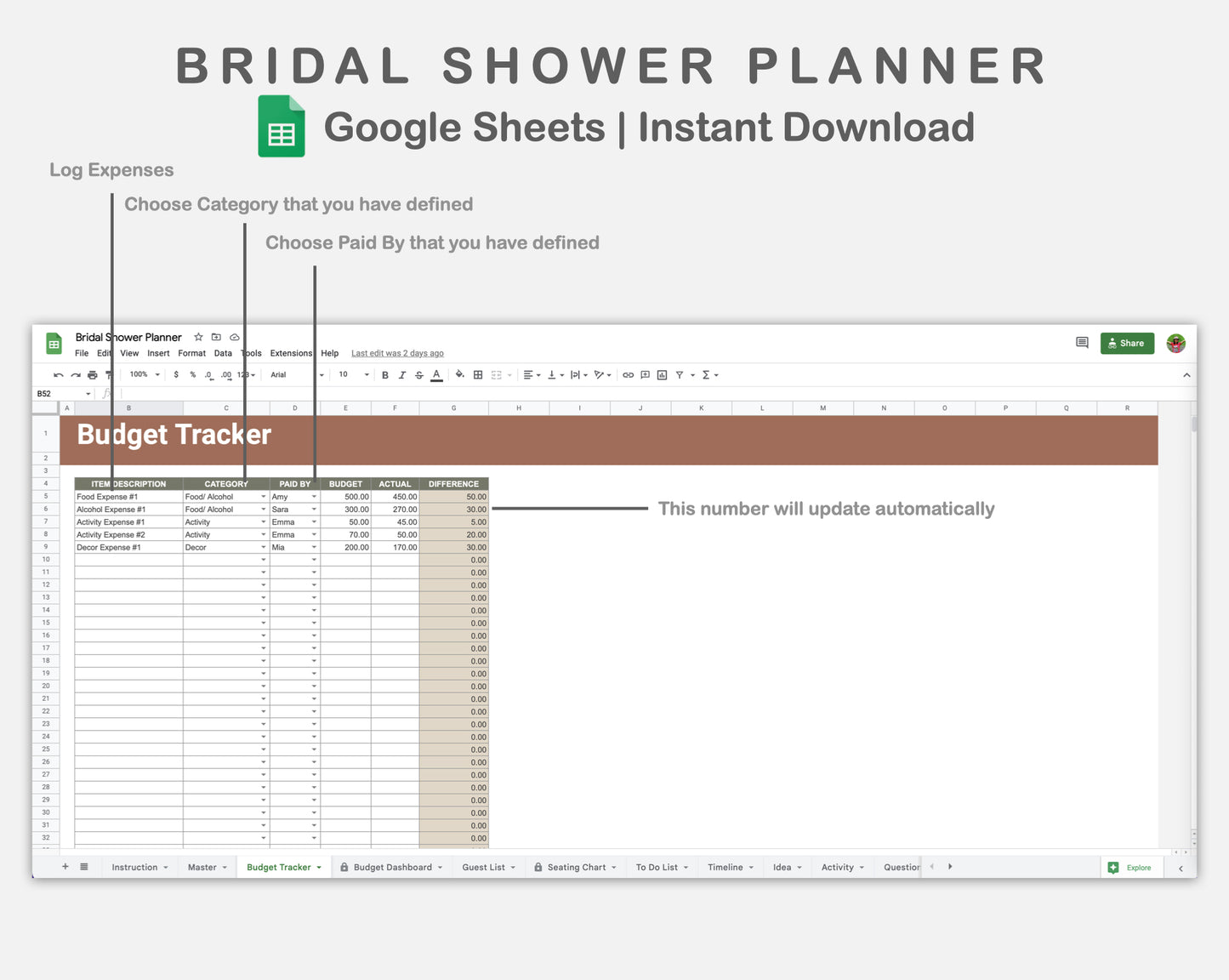 Google Sheets - Bridal Shower Planner - Earthy