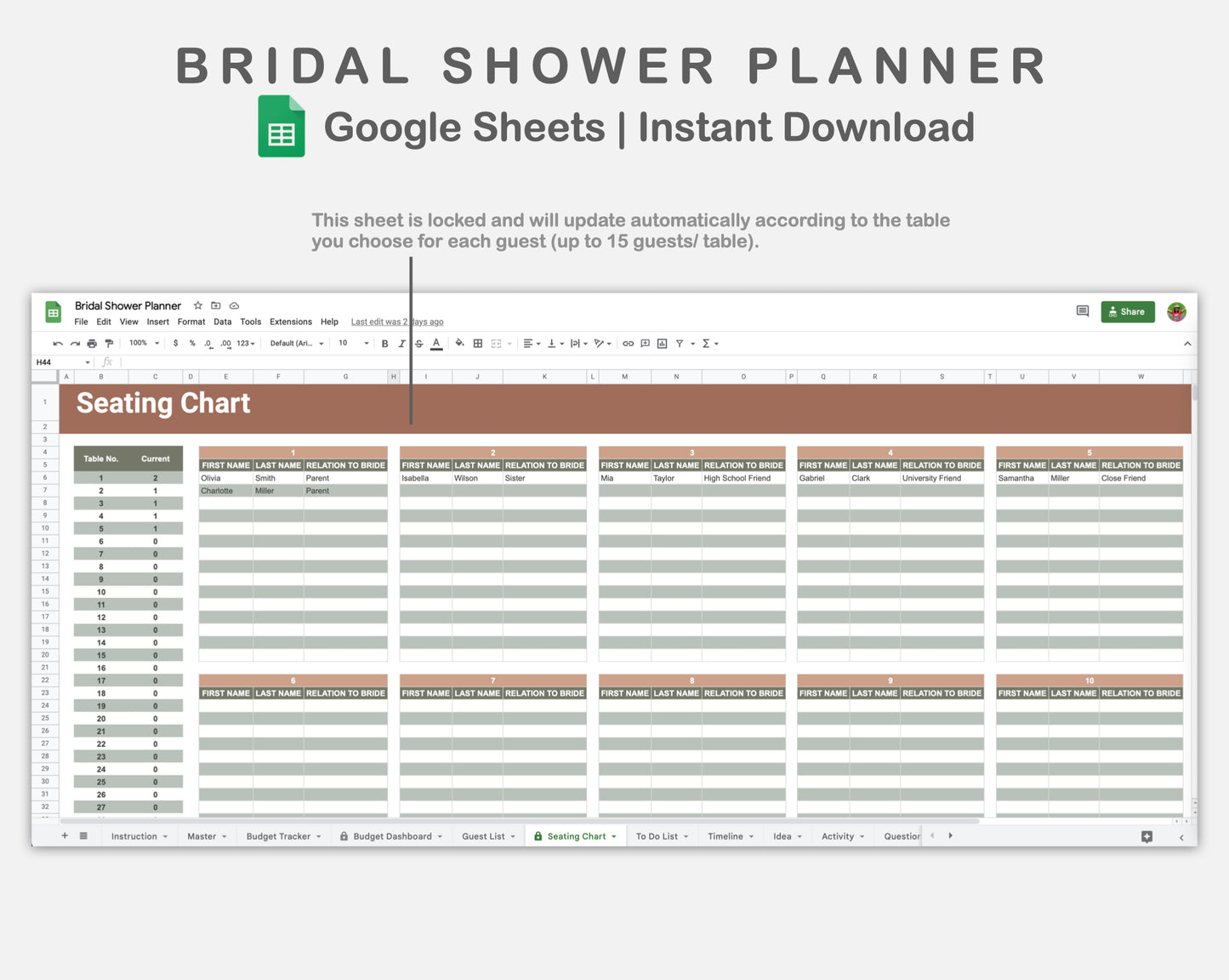 Google Sheets - Bridal Shower Planner - Earthy