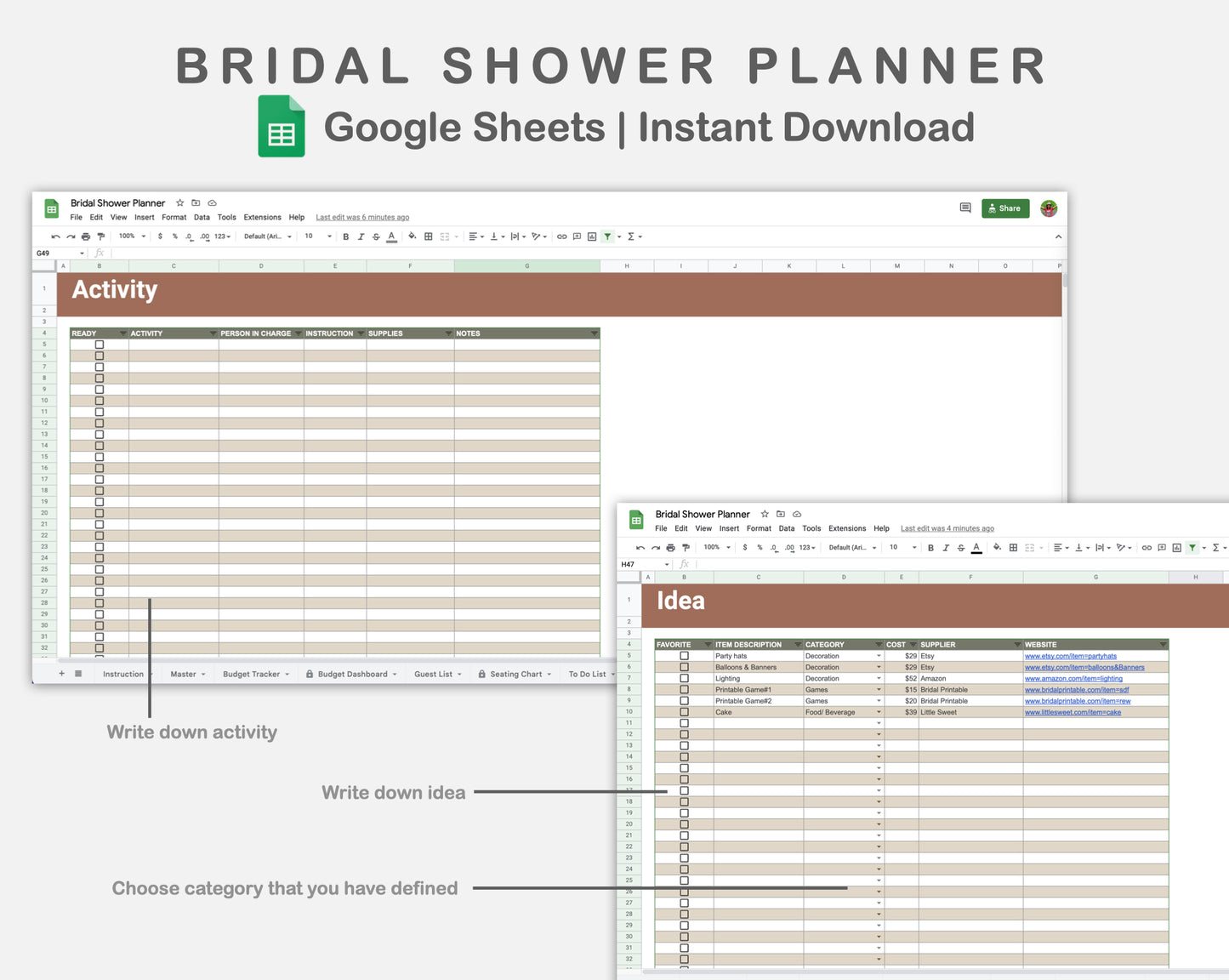 Google Sheets - Bridal Shower Planner - Earthy