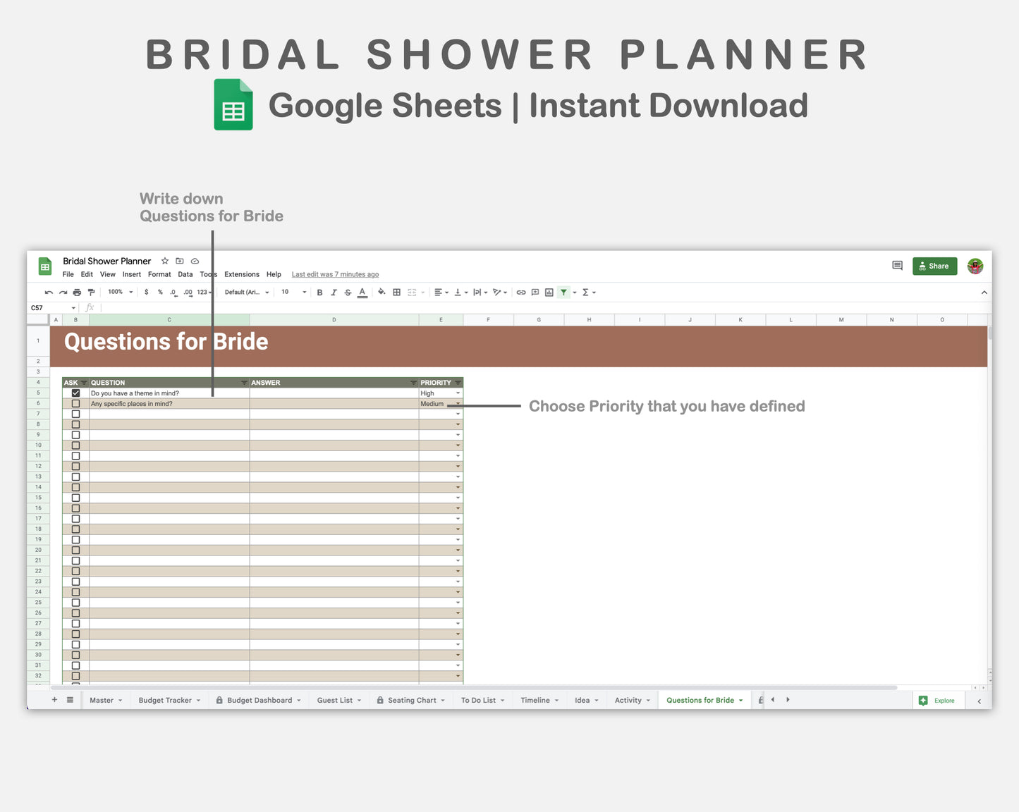 Google Sheets - Bridal Shower Planner - Earthy