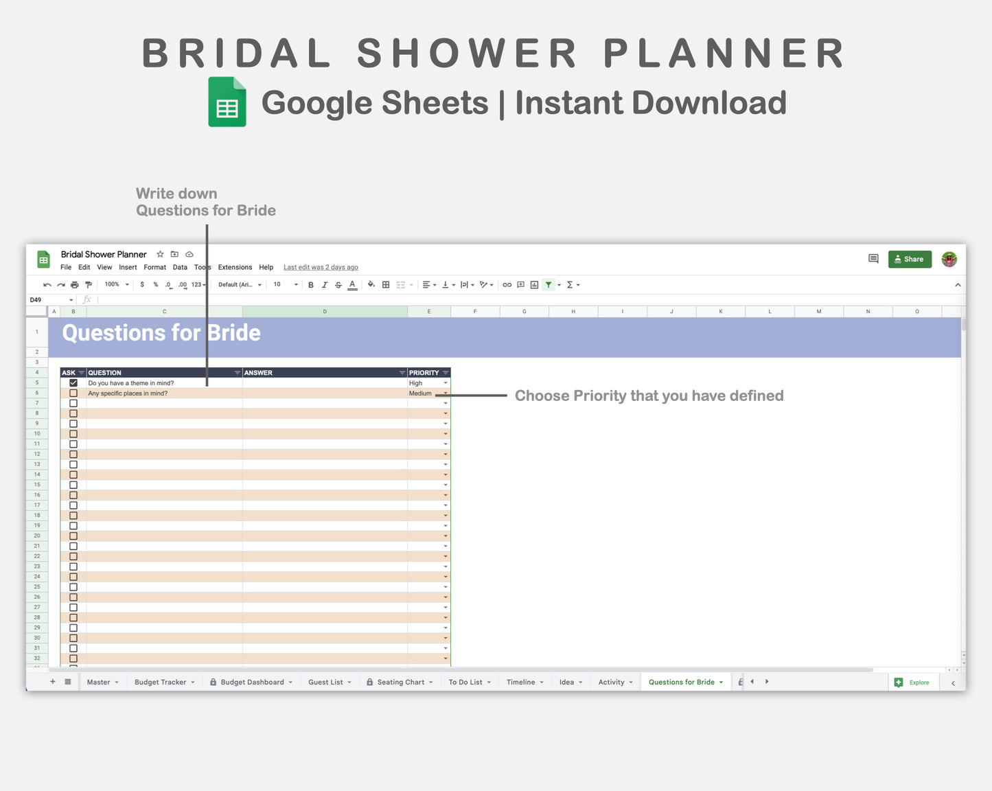 Google Sheets - Bridal Shower Planner - Sweet
