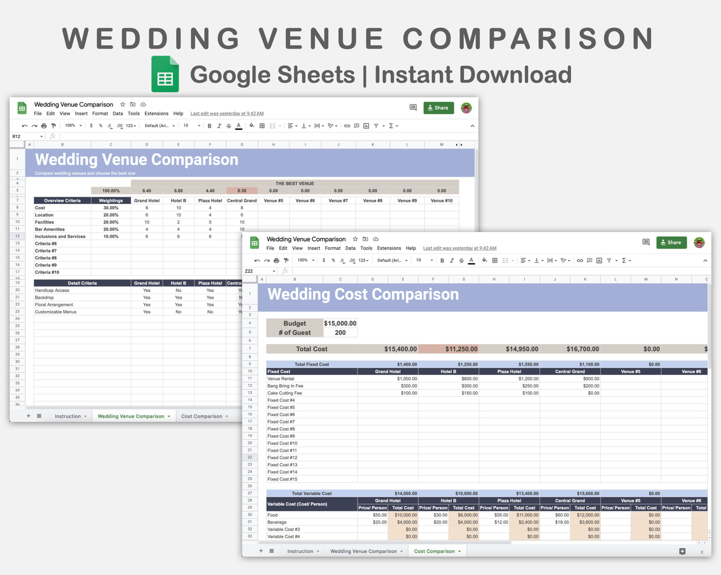 Google Sheets - Wedding Venue Comparison - Sweet