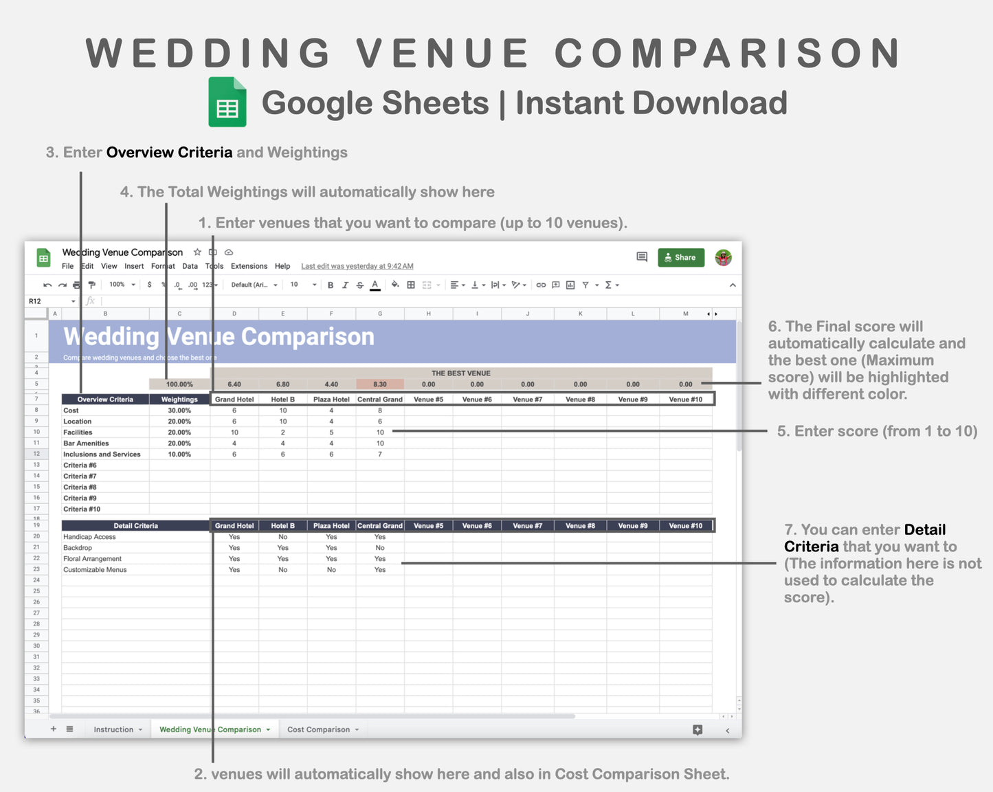 Google Sheets - Wedding Venue Comparison - Sweet