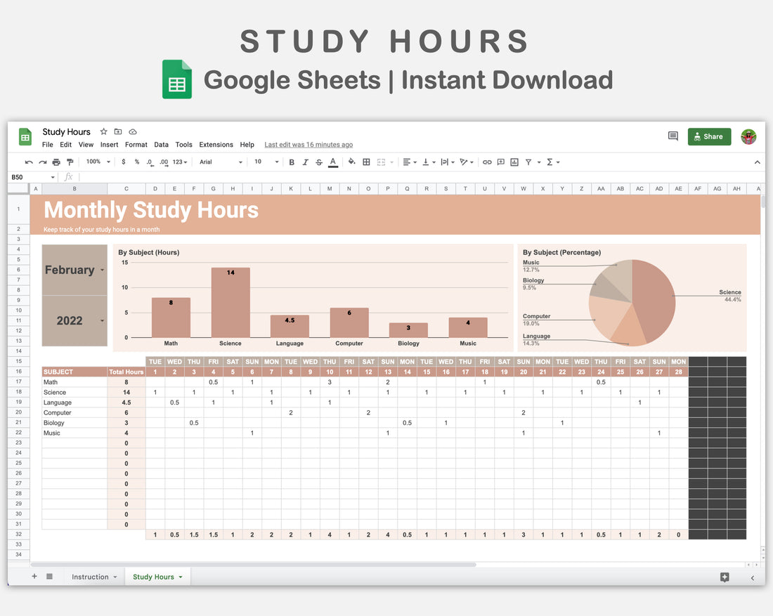 Google Sheets - Study Hours - Neutral – kjunstudio