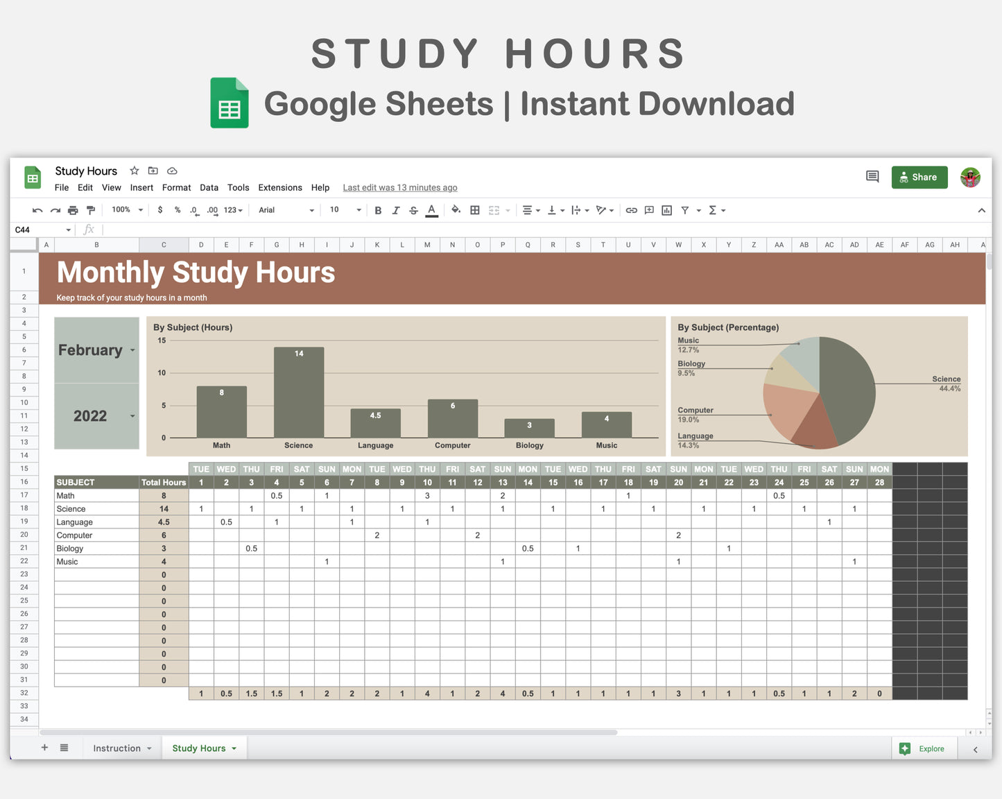 Google Sheets - Study Hours - Earthy