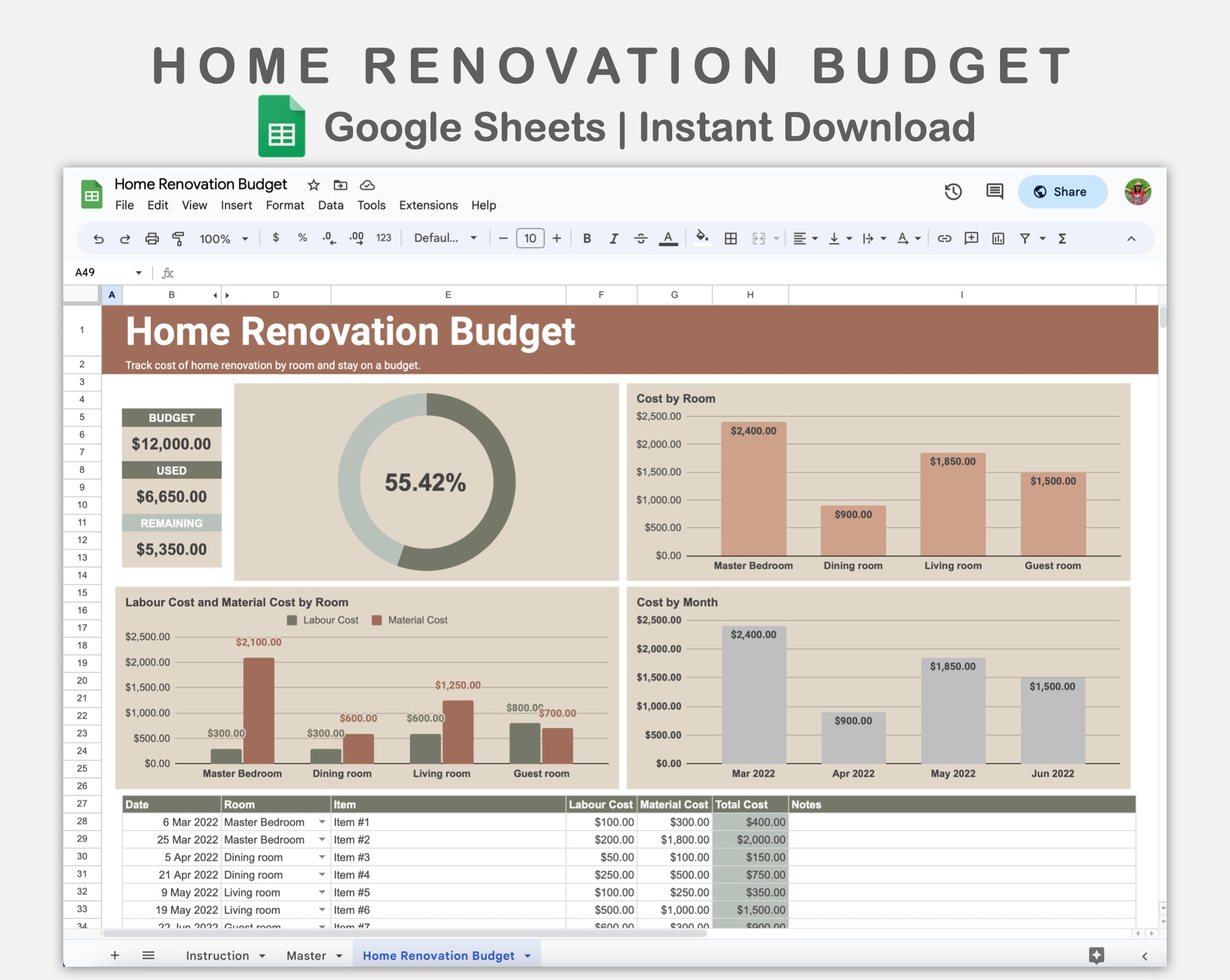 Google Sheets - Home Renovation Budget - Earthy – kjunstudio