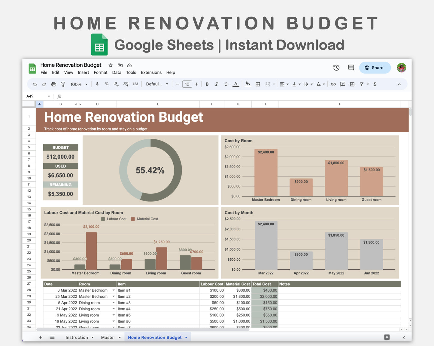 Google Sheets - Home Renovation Budget - Earthy