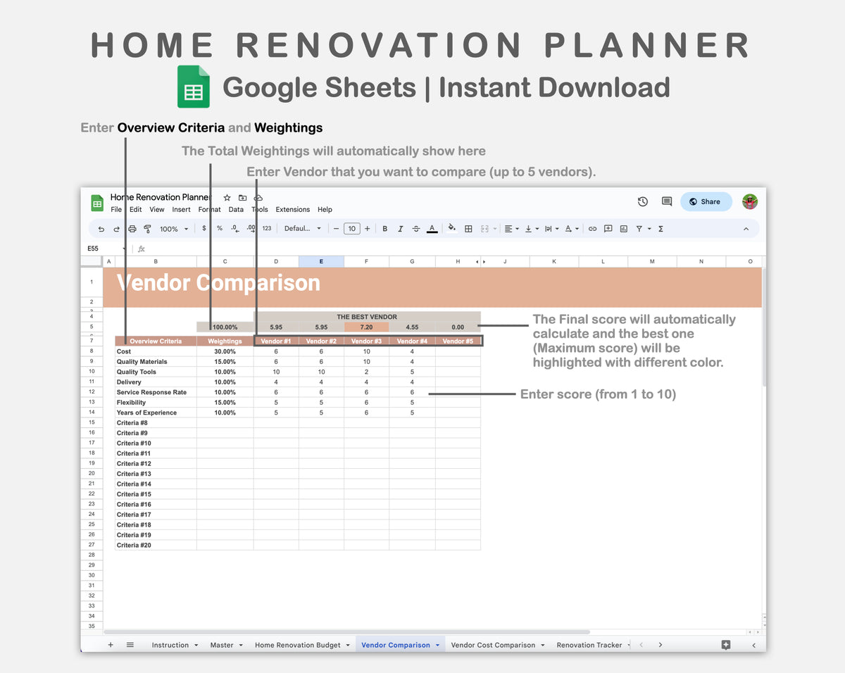 Google Sheets - Home Renovation Planner - Neutral – kjunstudio