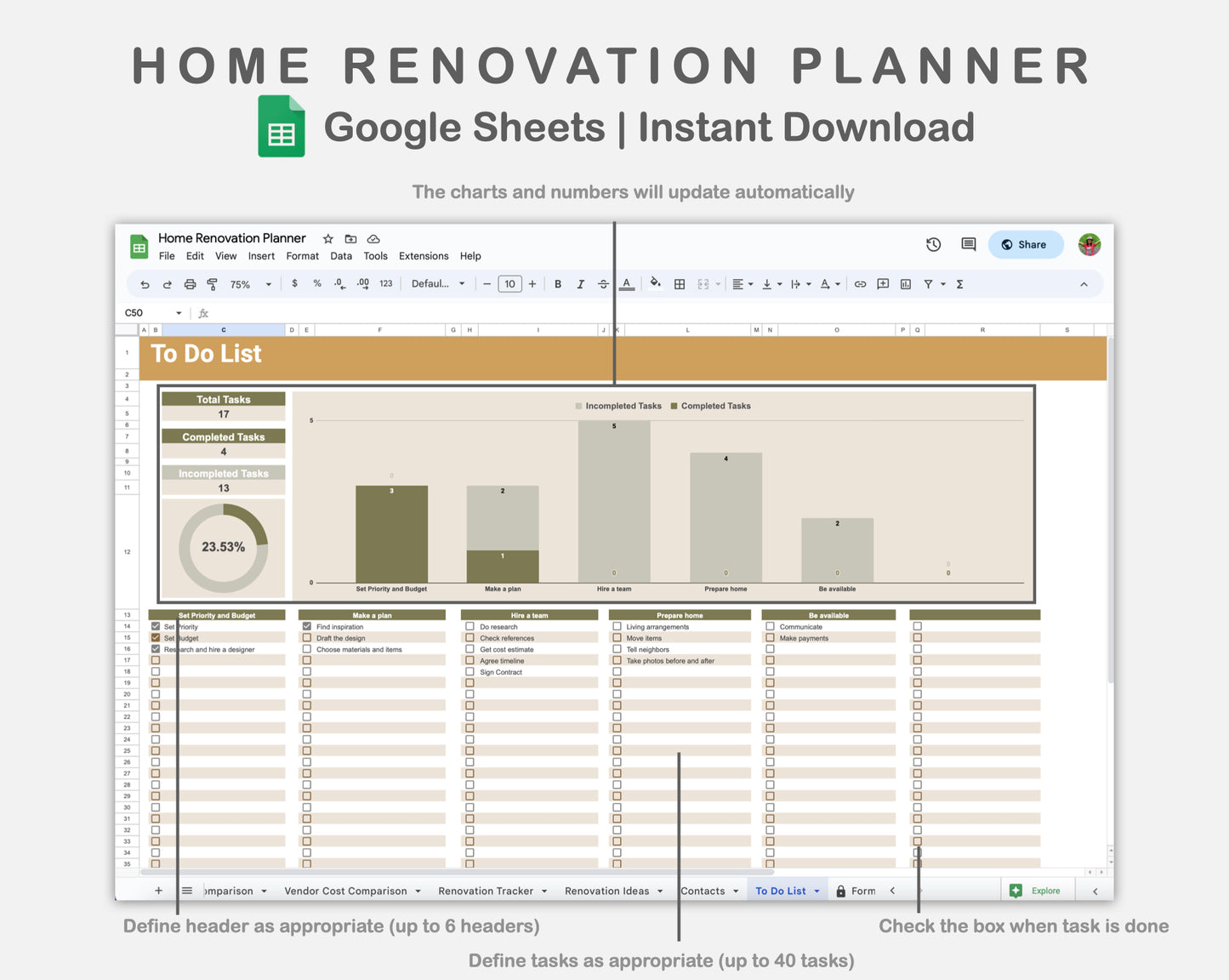 Google Sheets - Home Renovation Planner - Boho