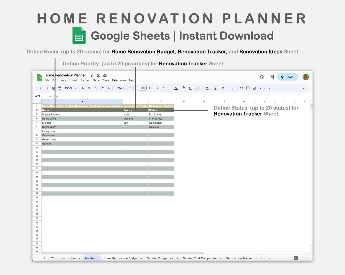 Google Sheets - Home Renovation Planner - Earthy