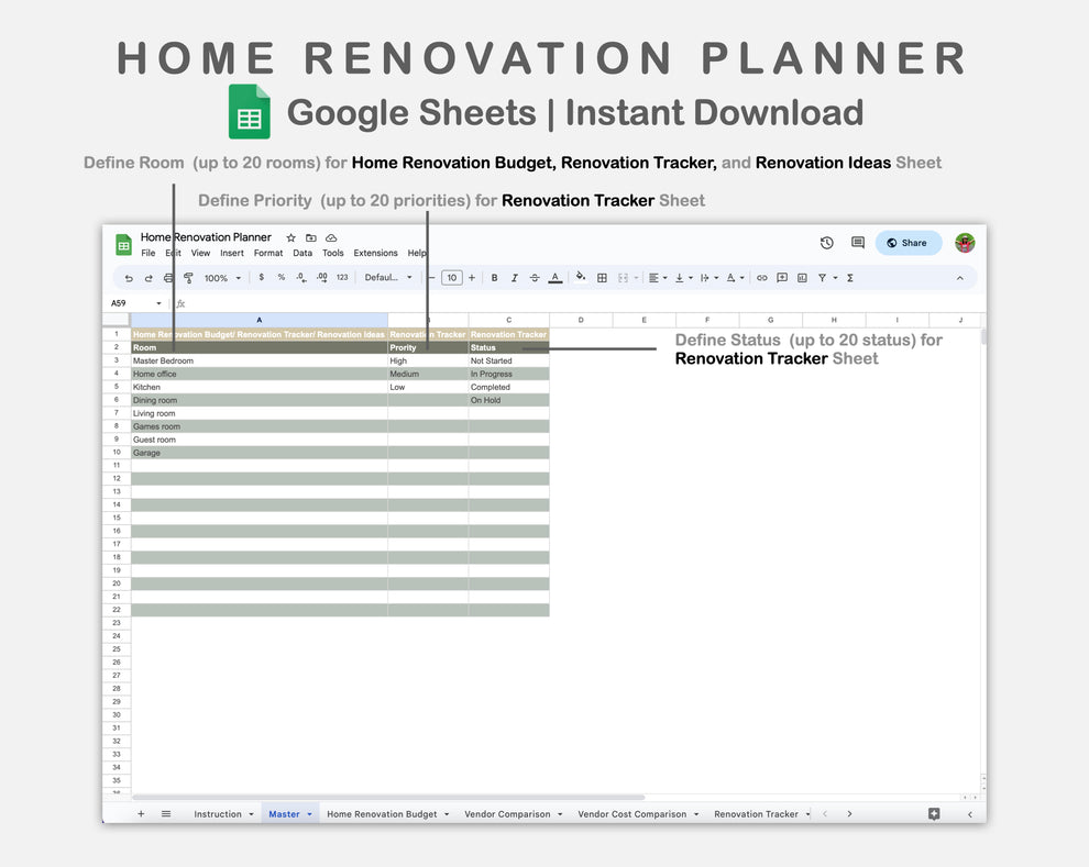 View of Google Sheets - Home Renovation Planner - Earthy – kjunstudio