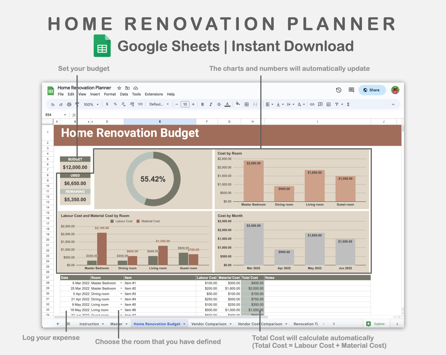 Google Sheets - Home Renovation Planner - Earthy