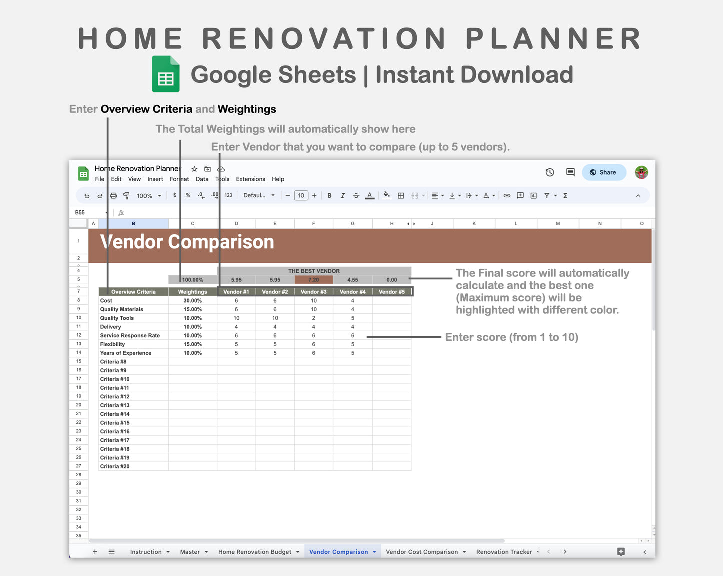 Google Sheets - Home Renovation Planner - Earthy