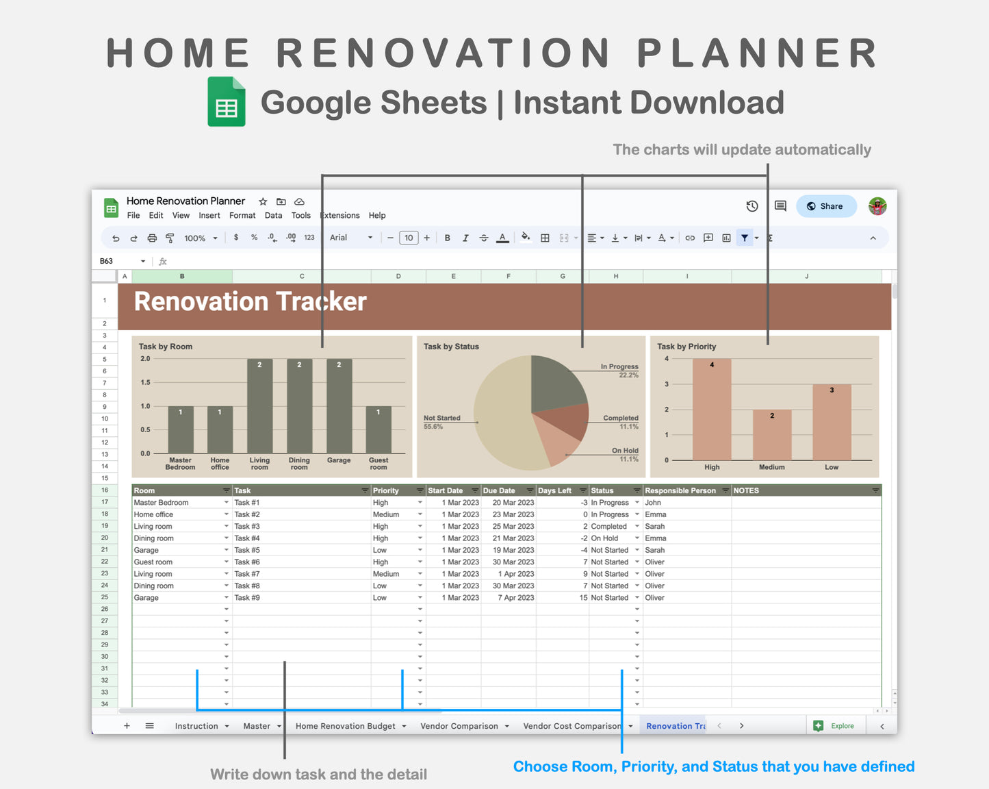Google Sheets - Home Renovation Planner - Earthy