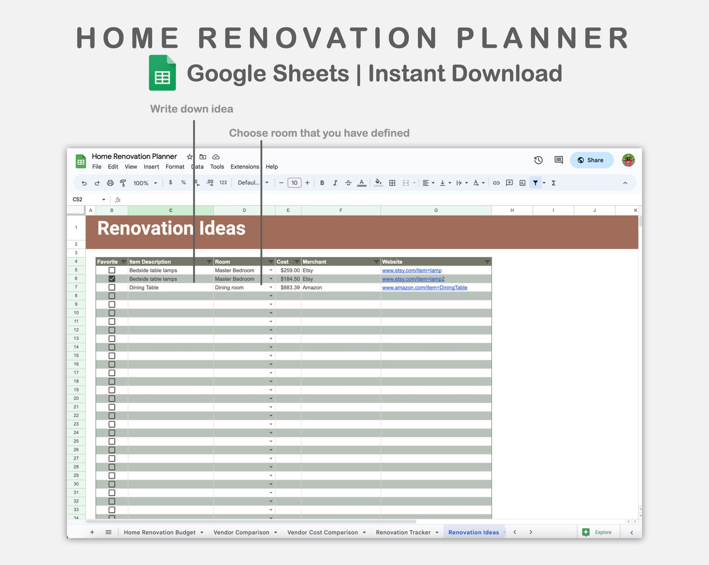 Google Sheets - Home Renovation Planner - Earthy