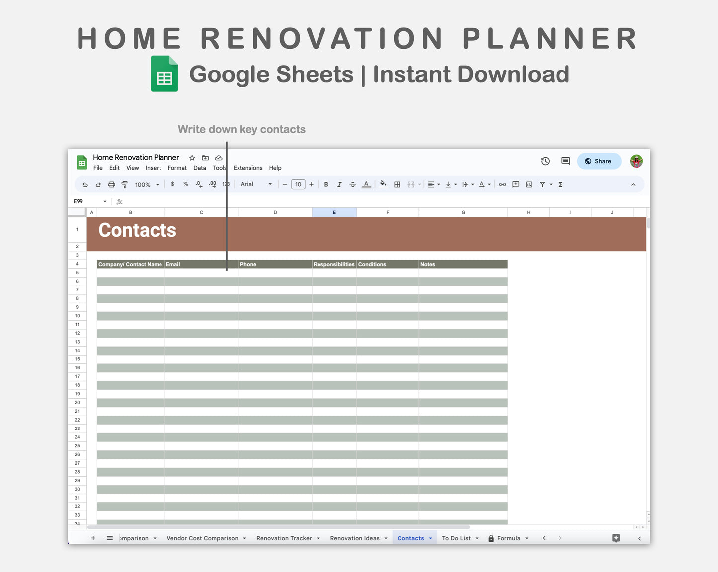 Google Sheets - Home Renovation Planner - Earthy