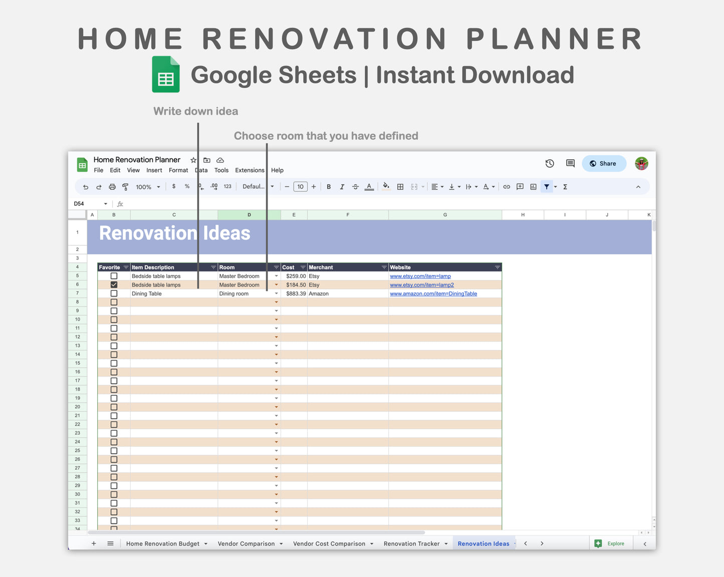 Google Sheets - Home Renovation Planner - Sweet