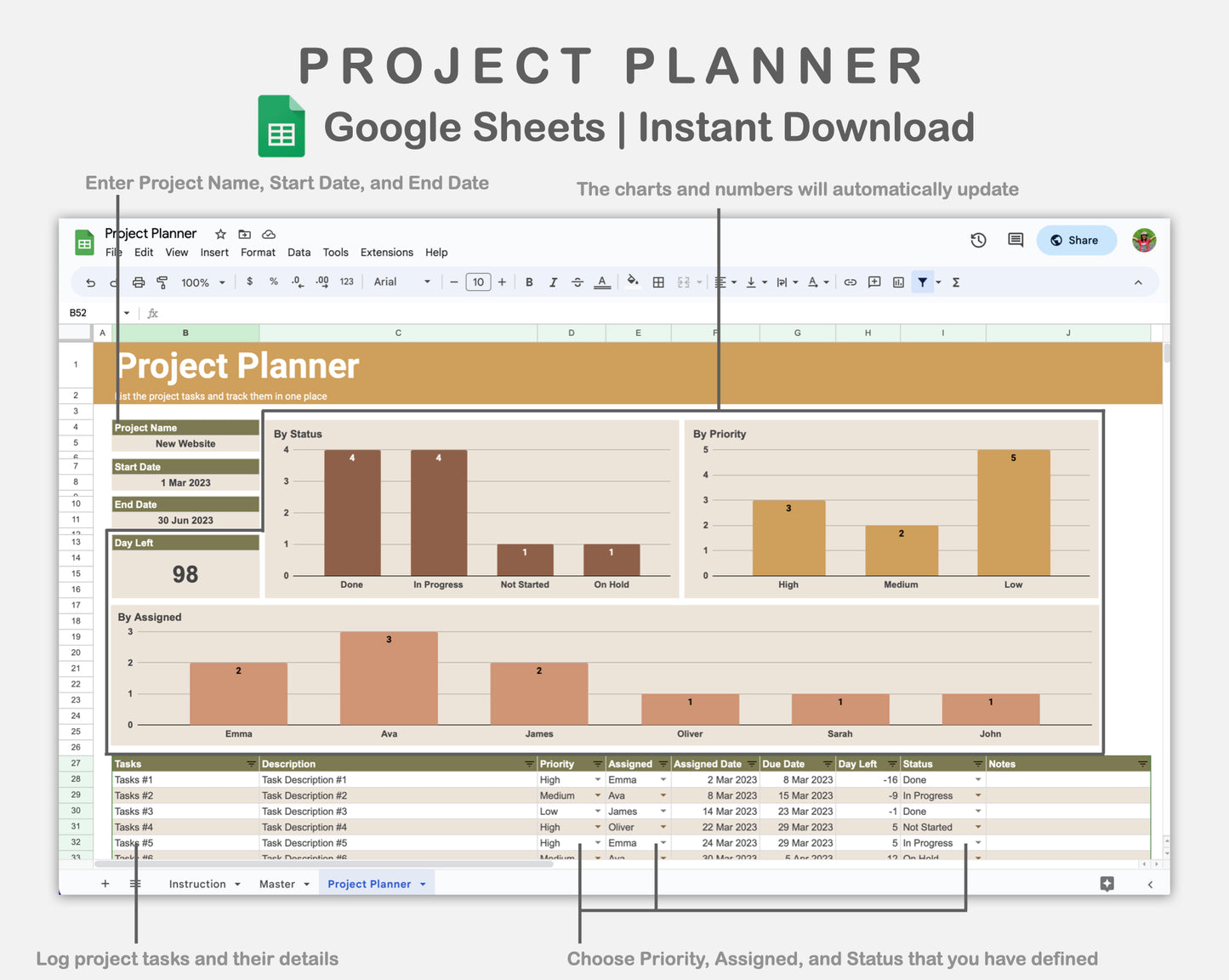 Google Sheets - Project Planner - Boho