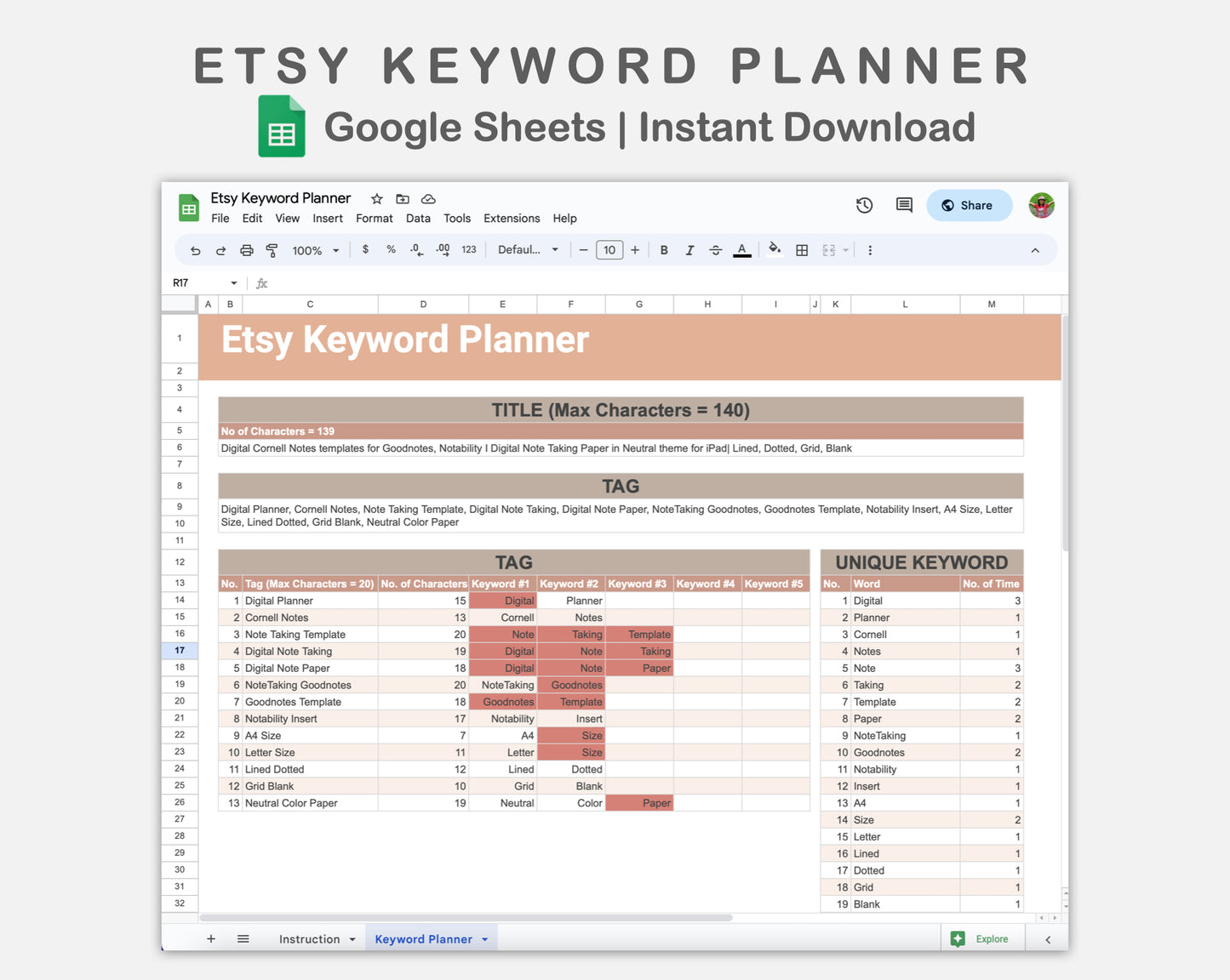 Google Sheets - Etsy Keyword Planner - Neutral