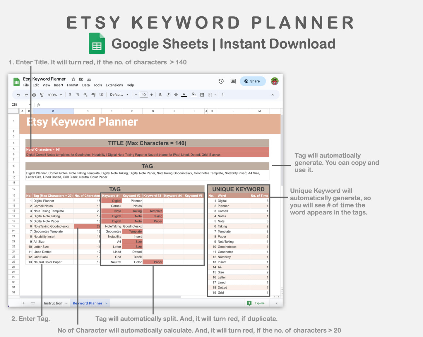Google Sheets - Etsy Keyword Planner - Neutral