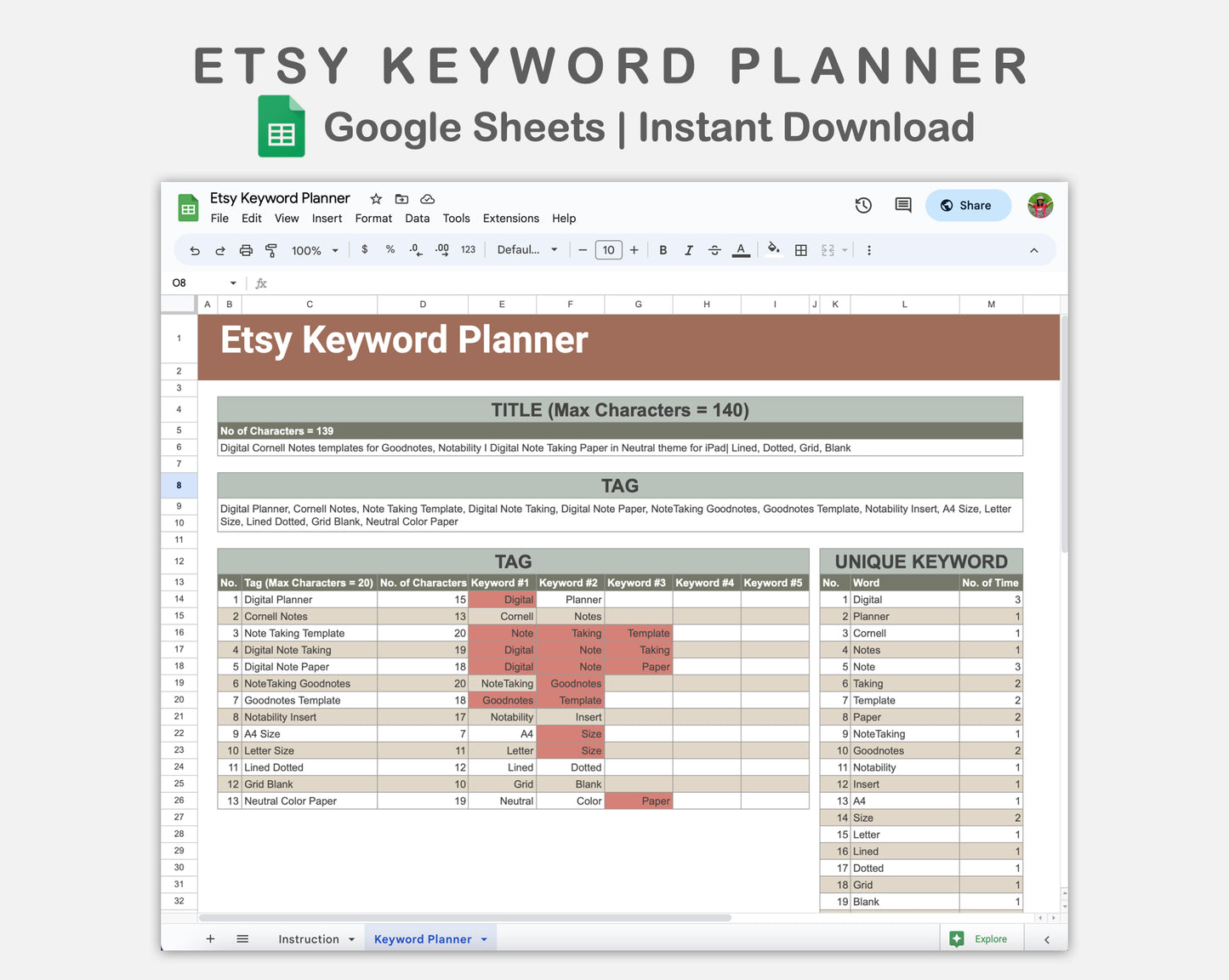 Google Sheets - Etsy Keyword Planner - Earthy