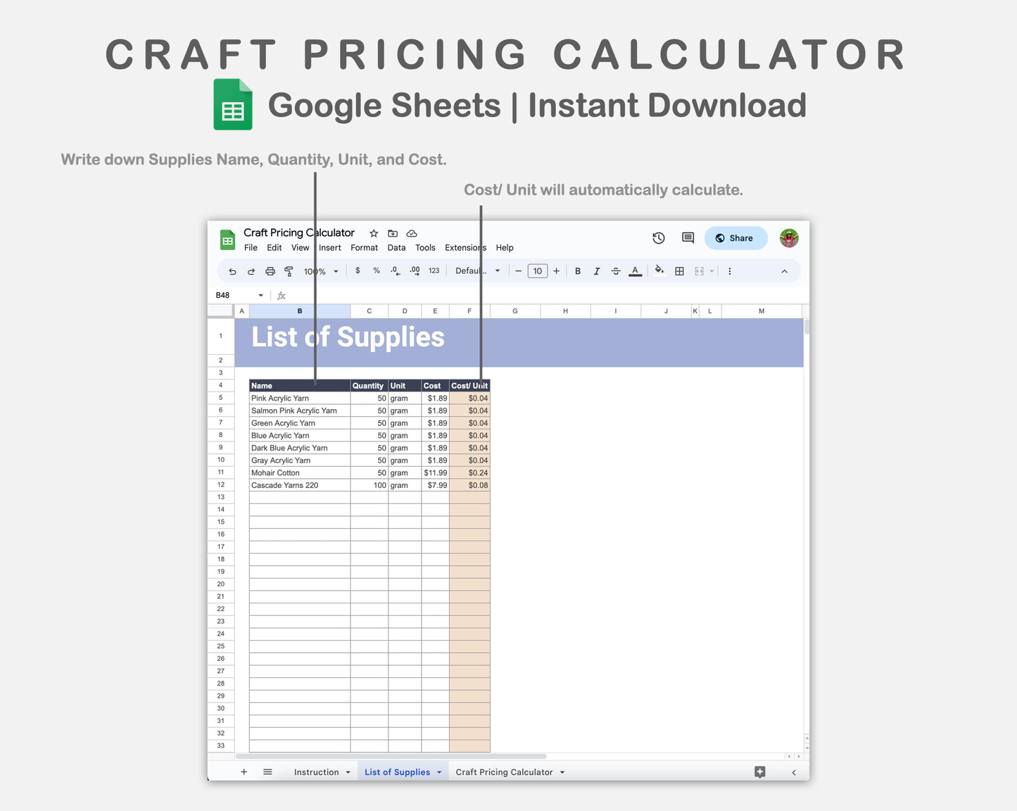 Google Sheets - Craft Pricing Calculator - Sweet