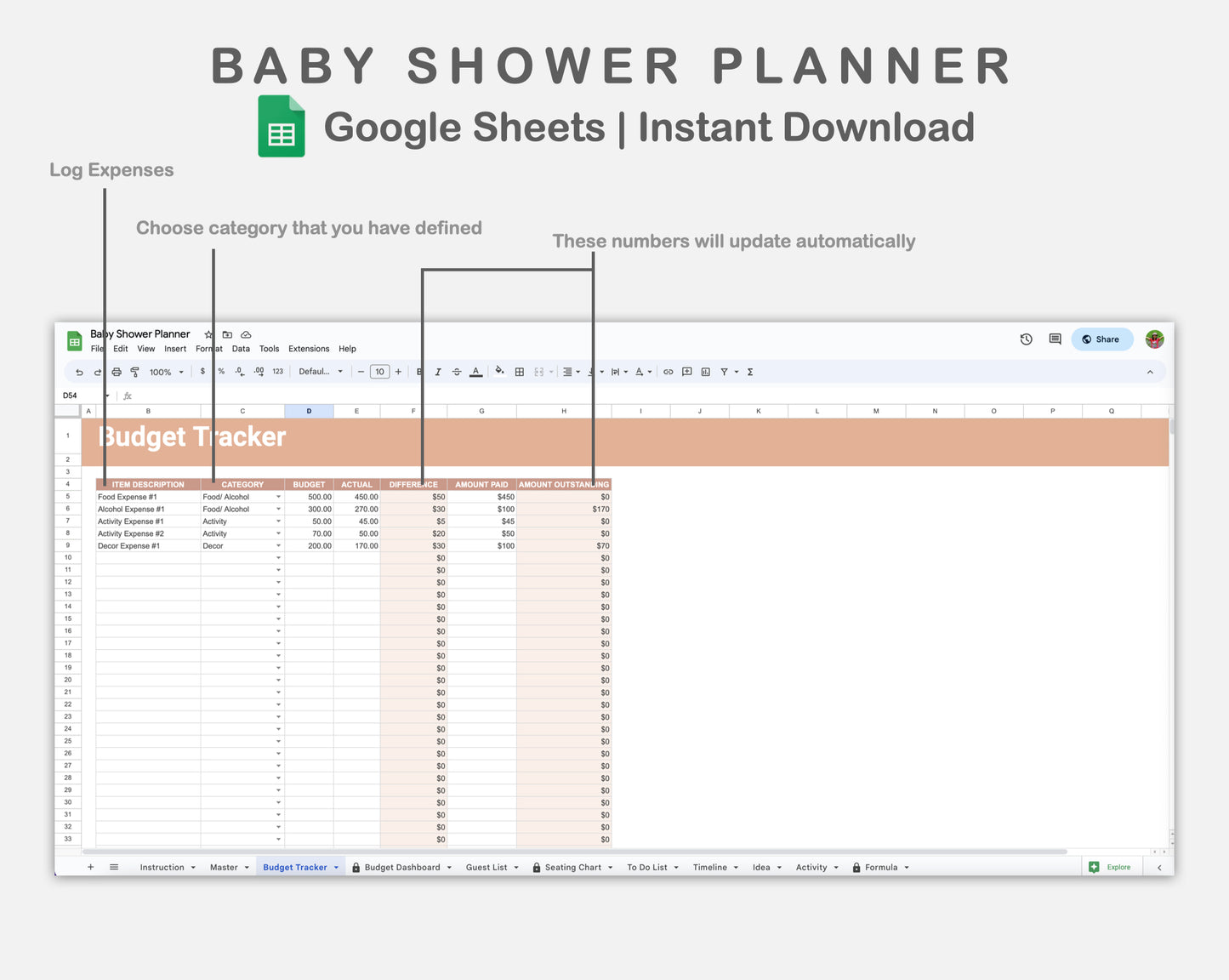 Google Sheets - Baby Shower Planner - Neutral