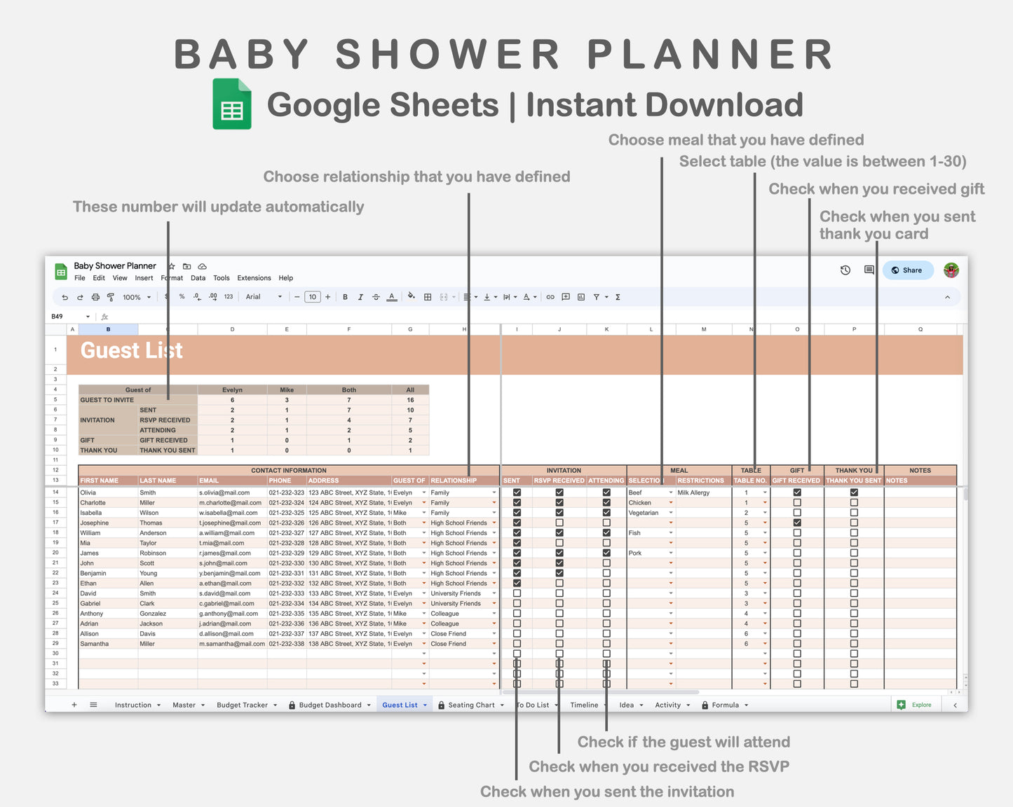Google Sheets - Baby Shower Planner - Neutral