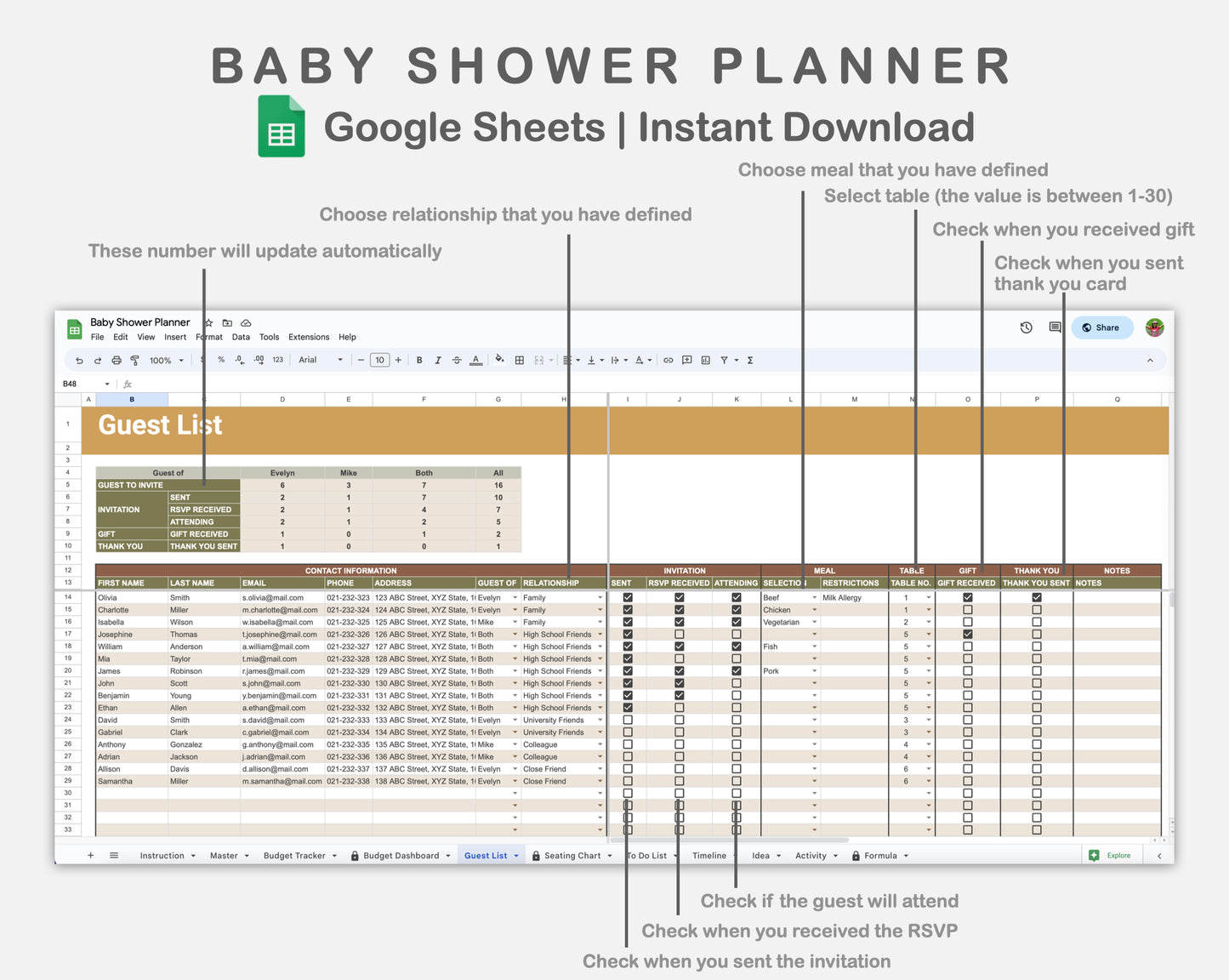 Google Sheets - Baby Shower Planner - Boho