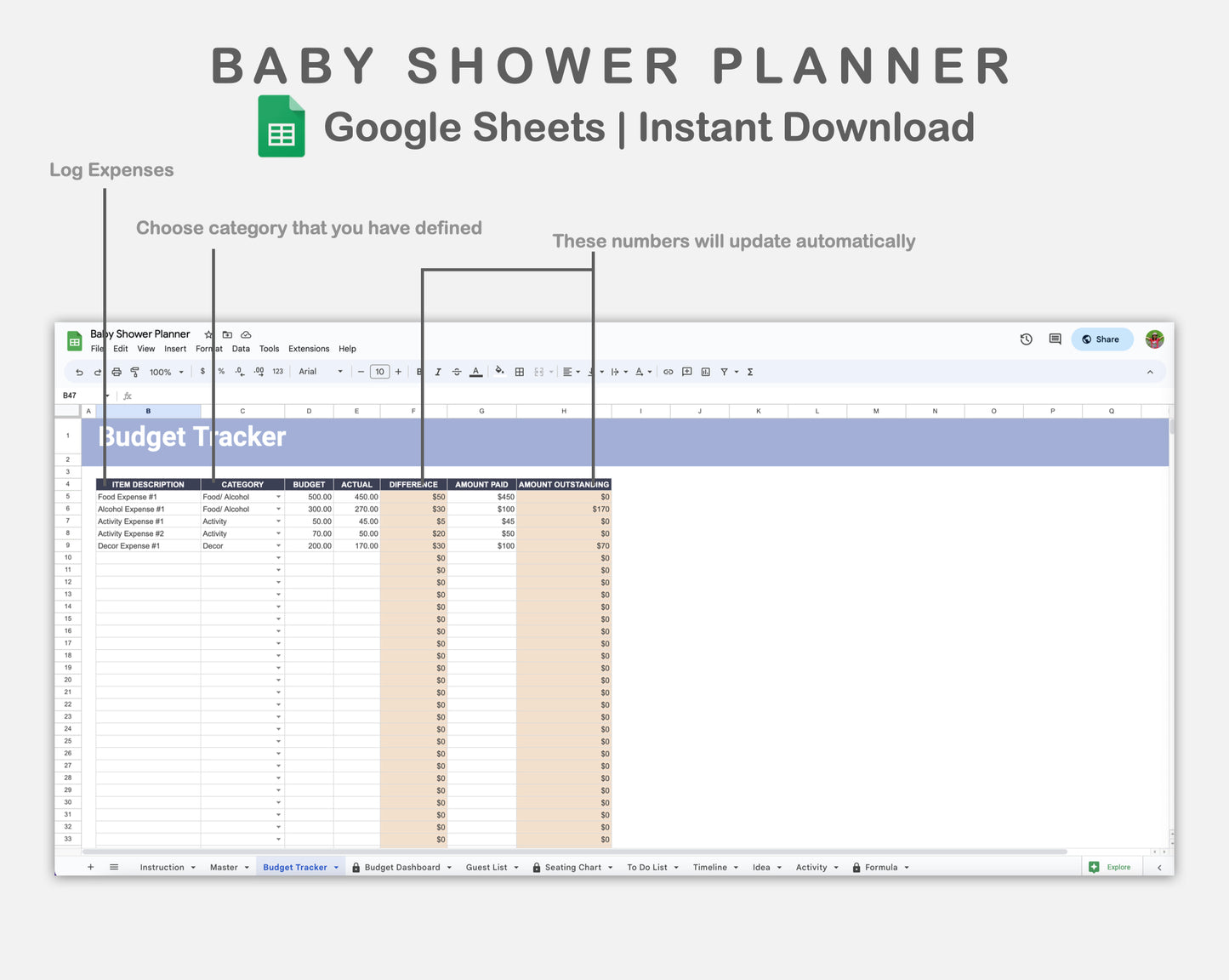 Google Sheets - Baby Shower Planner - Sweet
