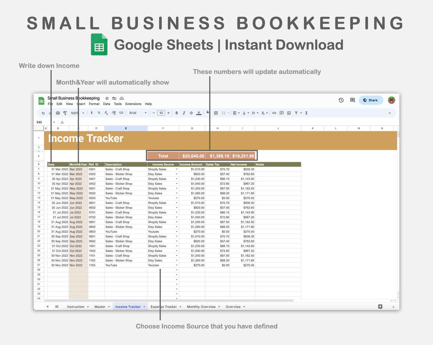 Google Sheets - Small Business Bookkeeping - Boho