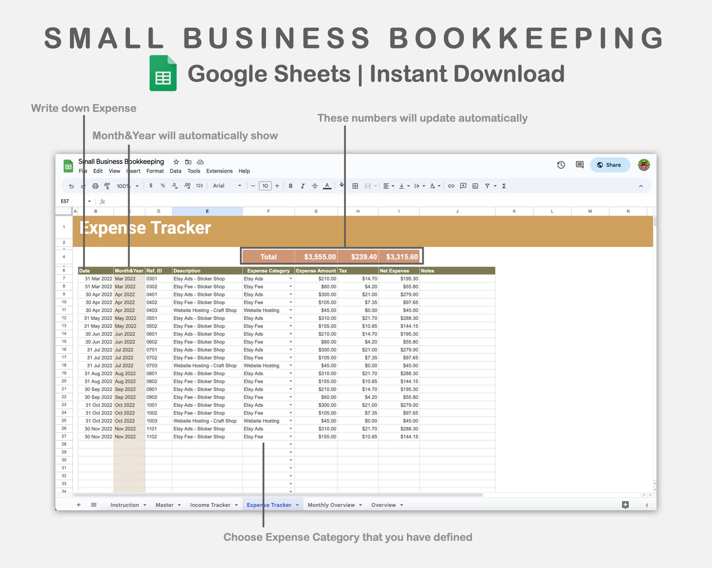 Google Sheets - Small Business Bookkeeping - Boho