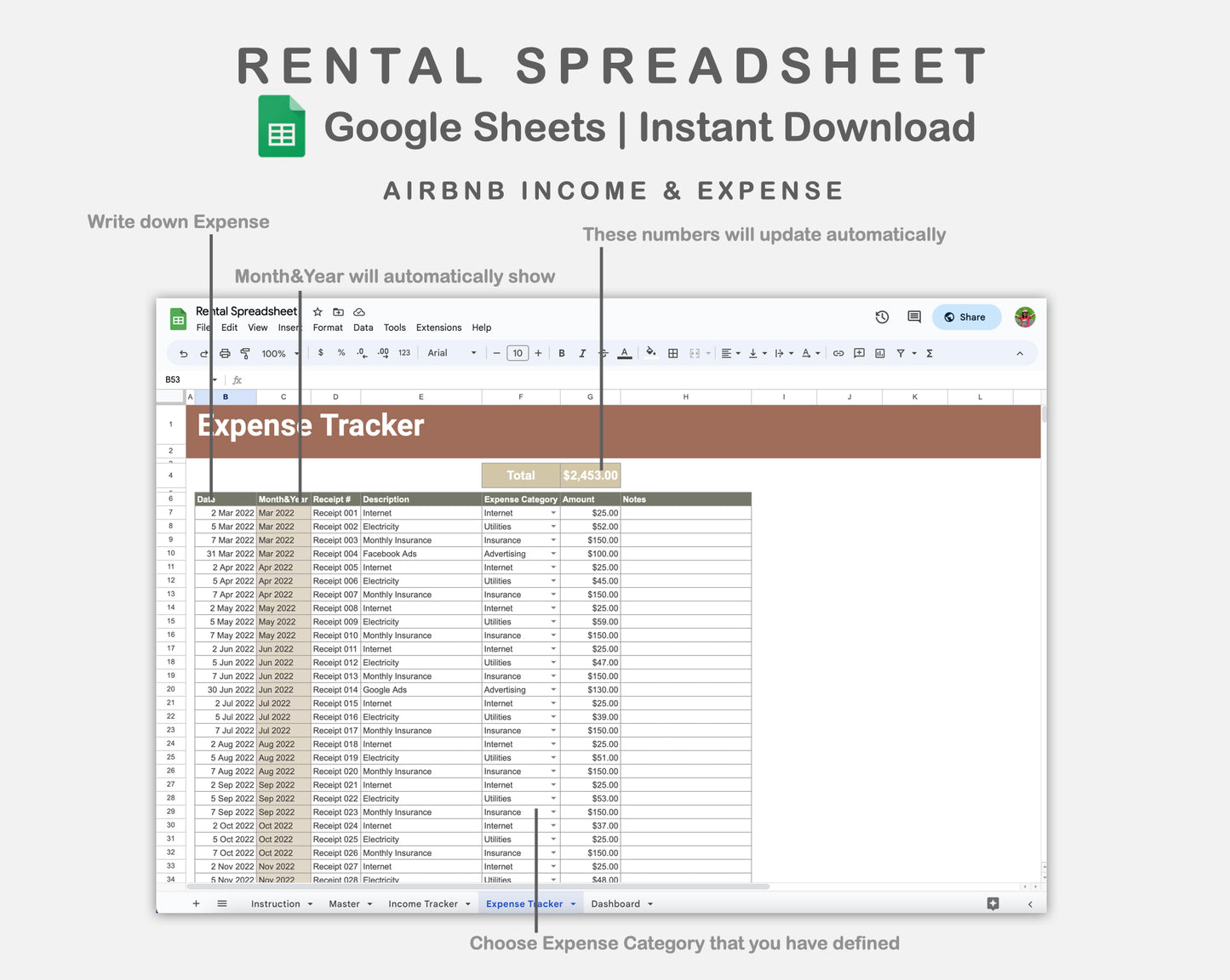 Google Sheets - Rental Spreadsheet - Earthy