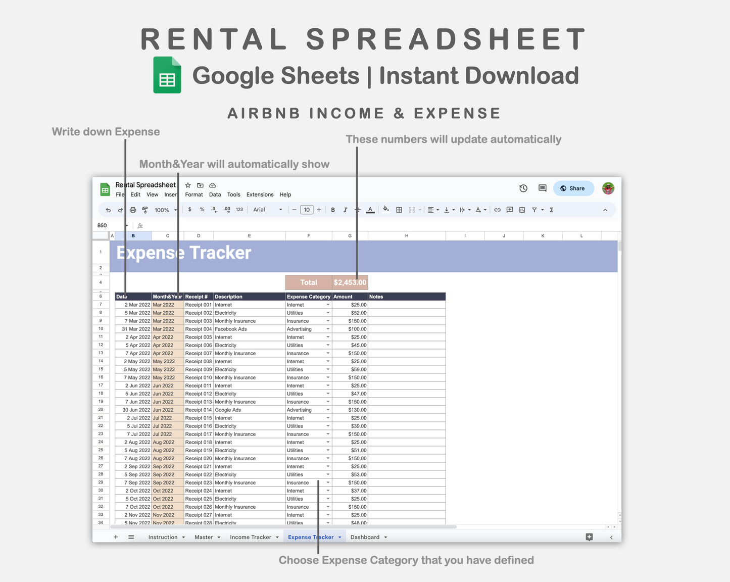 Google Sheets - Rental Spreadsheet - Sweet