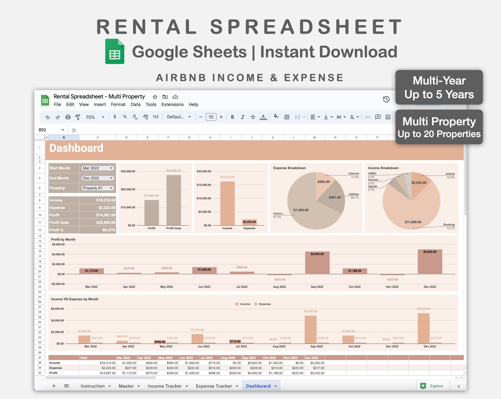 Google Sheets Rental Spreadsheet Multi Property Neutral kjunstudio