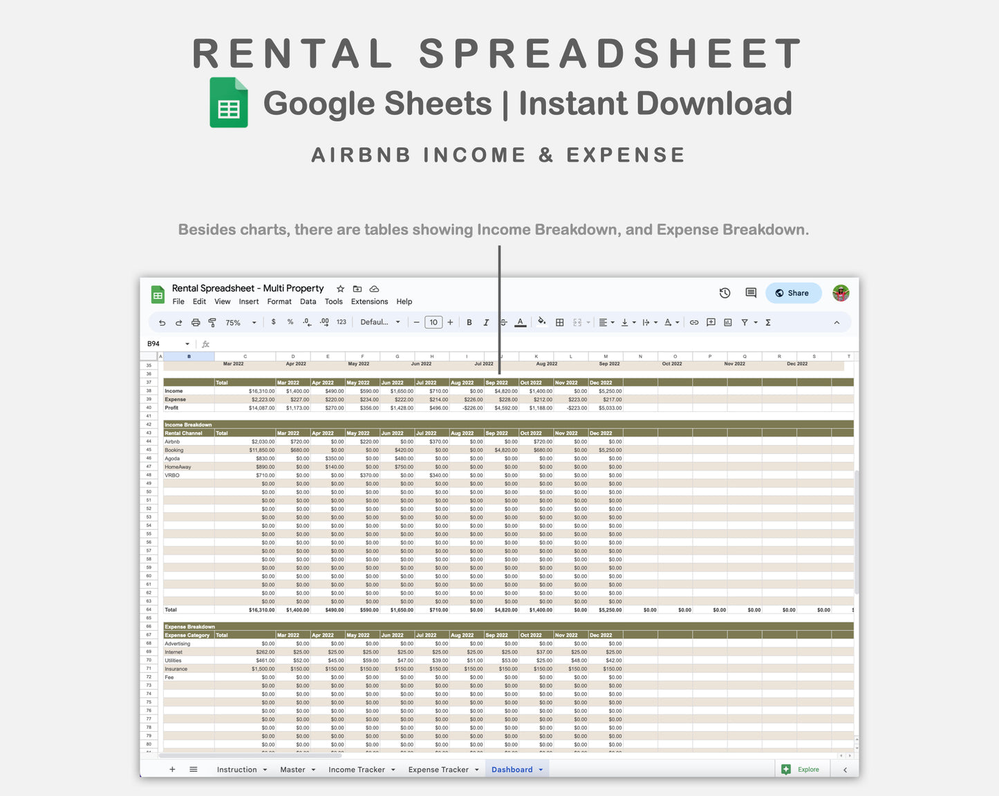 Google Sheets - Rental Spreadsheet - Multi Property - Boho