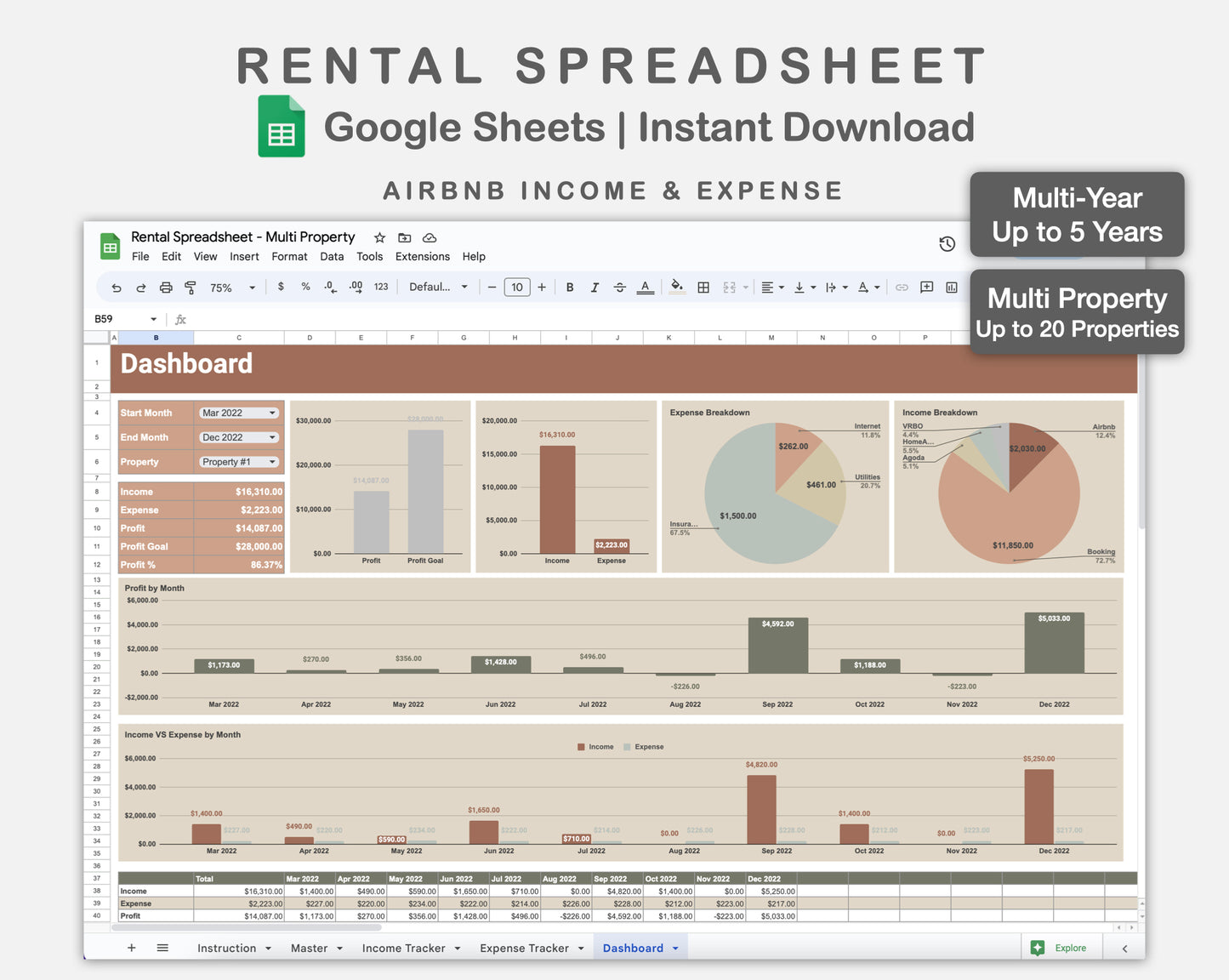 Google Sheets - Rental Spreadsheet - Multi Property - Earthy