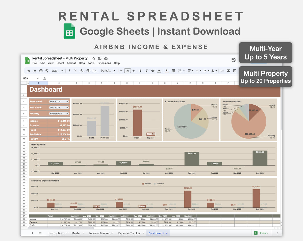 Google Sheets - Rental Spreadsheet - Multi Property - Earthy – kjunstudio