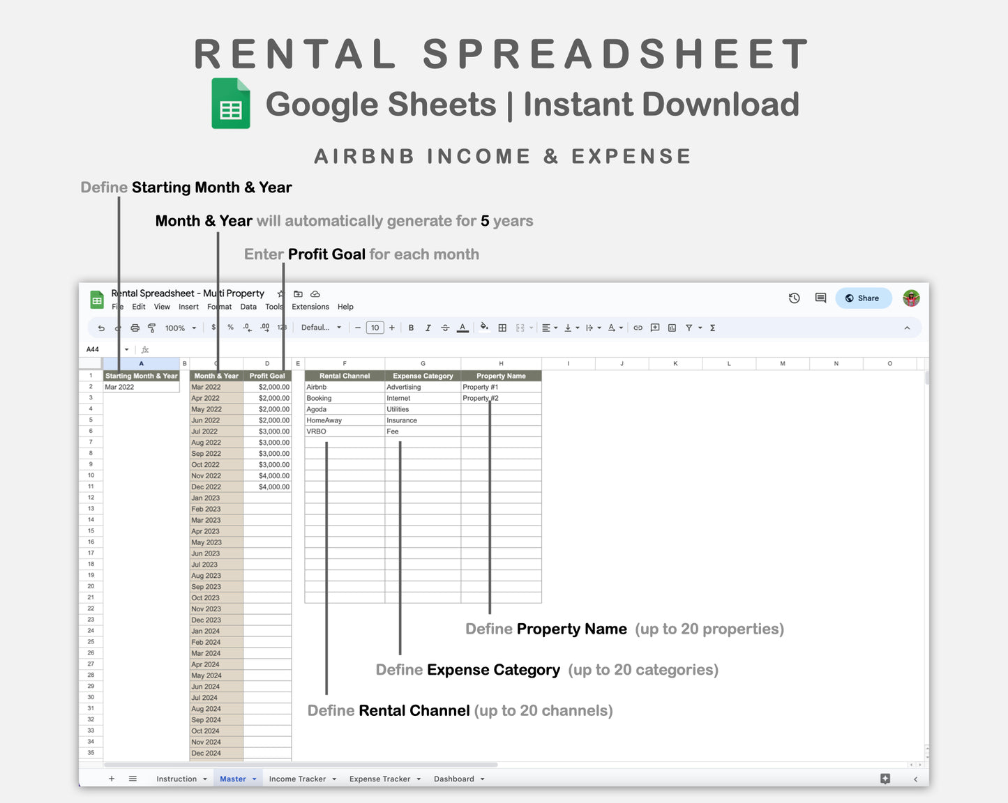 Google Sheets - Rental Spreadsheet - Multi Property - Earthy
