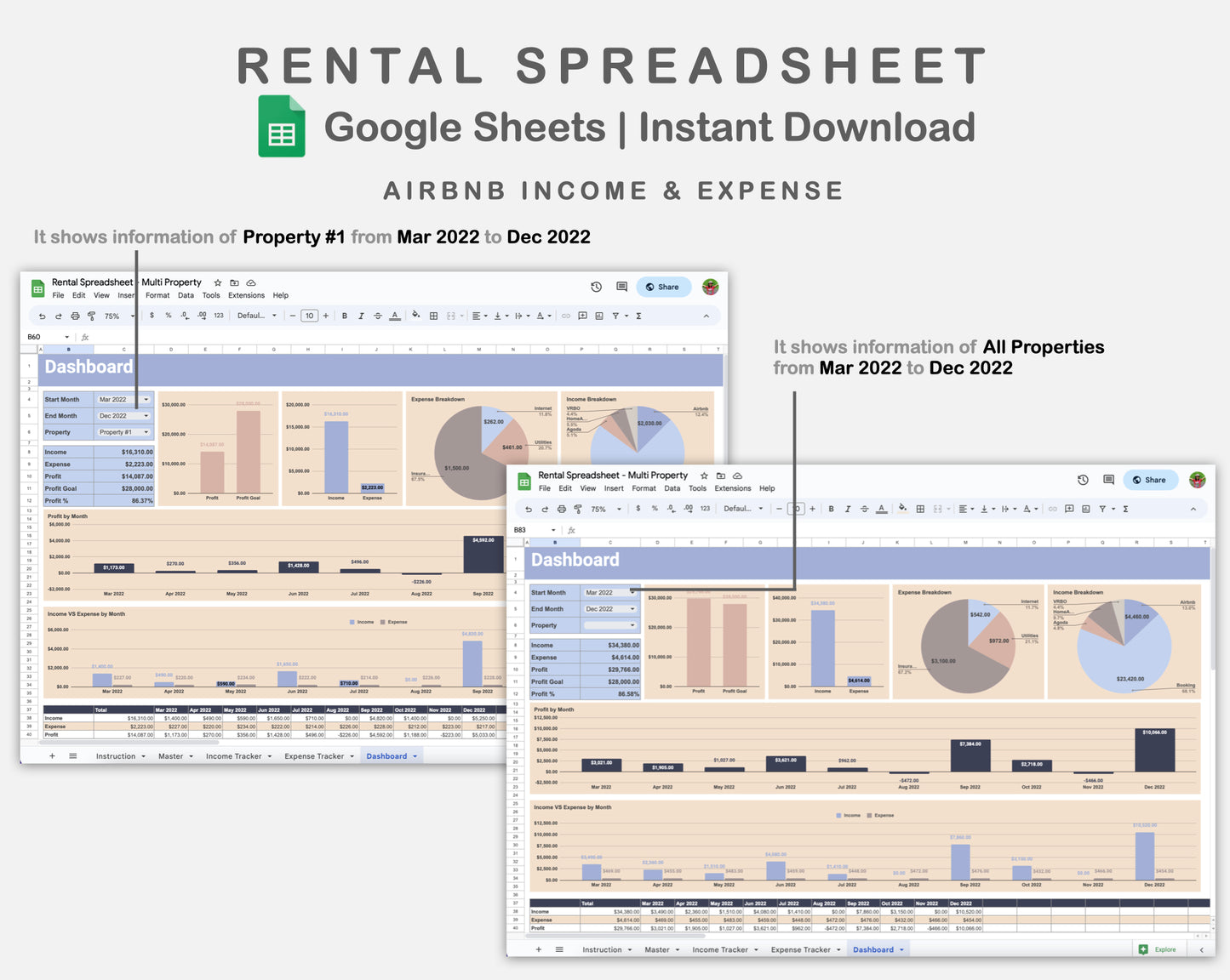 Google Sheets - Rental Spreadsheet - Multi Property - Sweet
