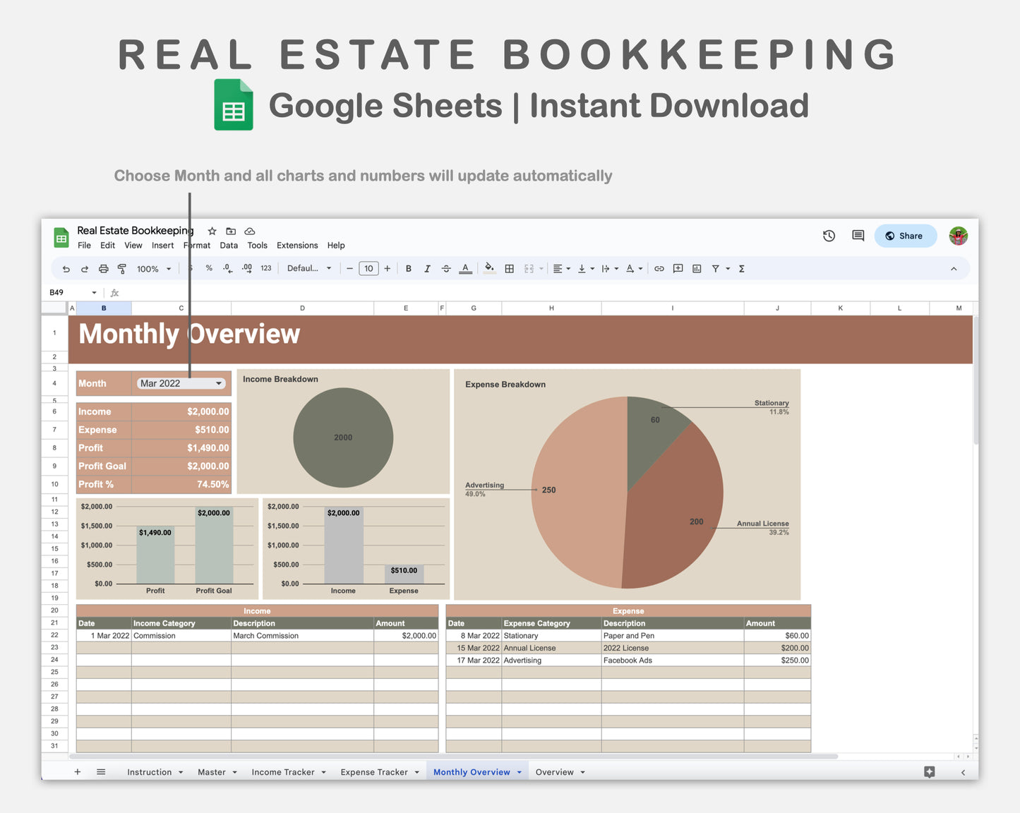 Google Sheets - Real Estate Bookkeeping - Earthy