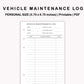Personal Inserts - Vehicle Maintenance Log